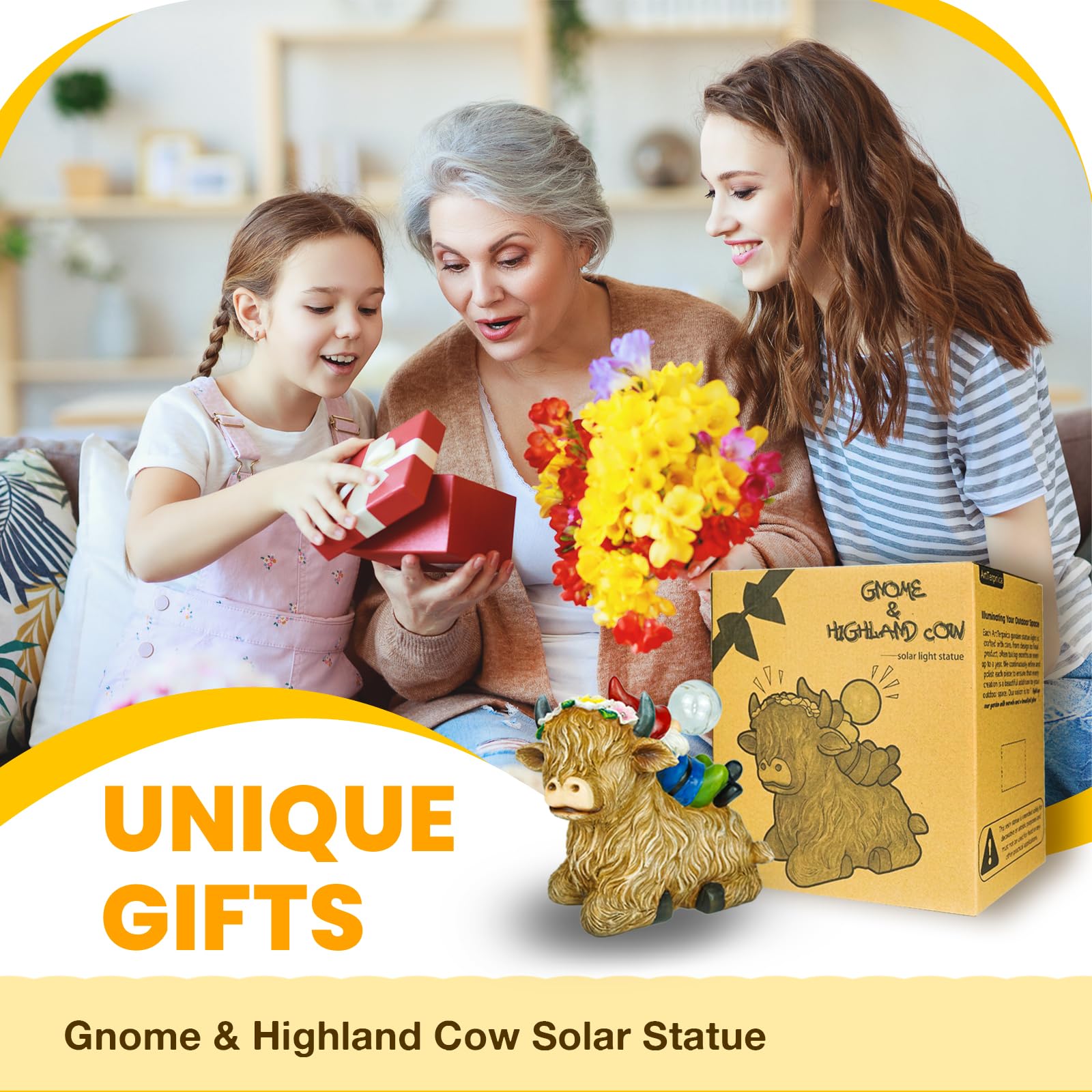 Artterpnica Solar Highland Cow Gnome Garden Decor Statue, Outdoor Funny Solar Light Decoration For Yard, Patio, Lawn, Unique Hou