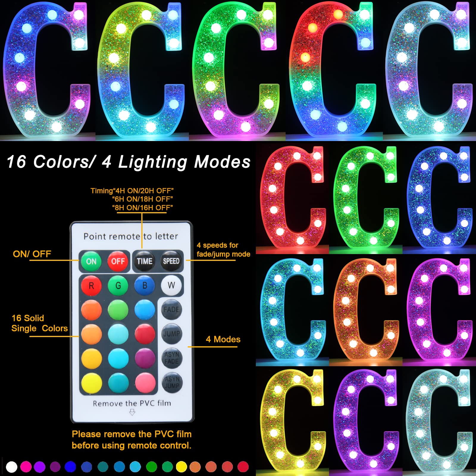 Pooqla LED Marquee Letter Light, Silver, 16 Colors, Battery Operated, Model S-RGB, Letter C for Party Decoration