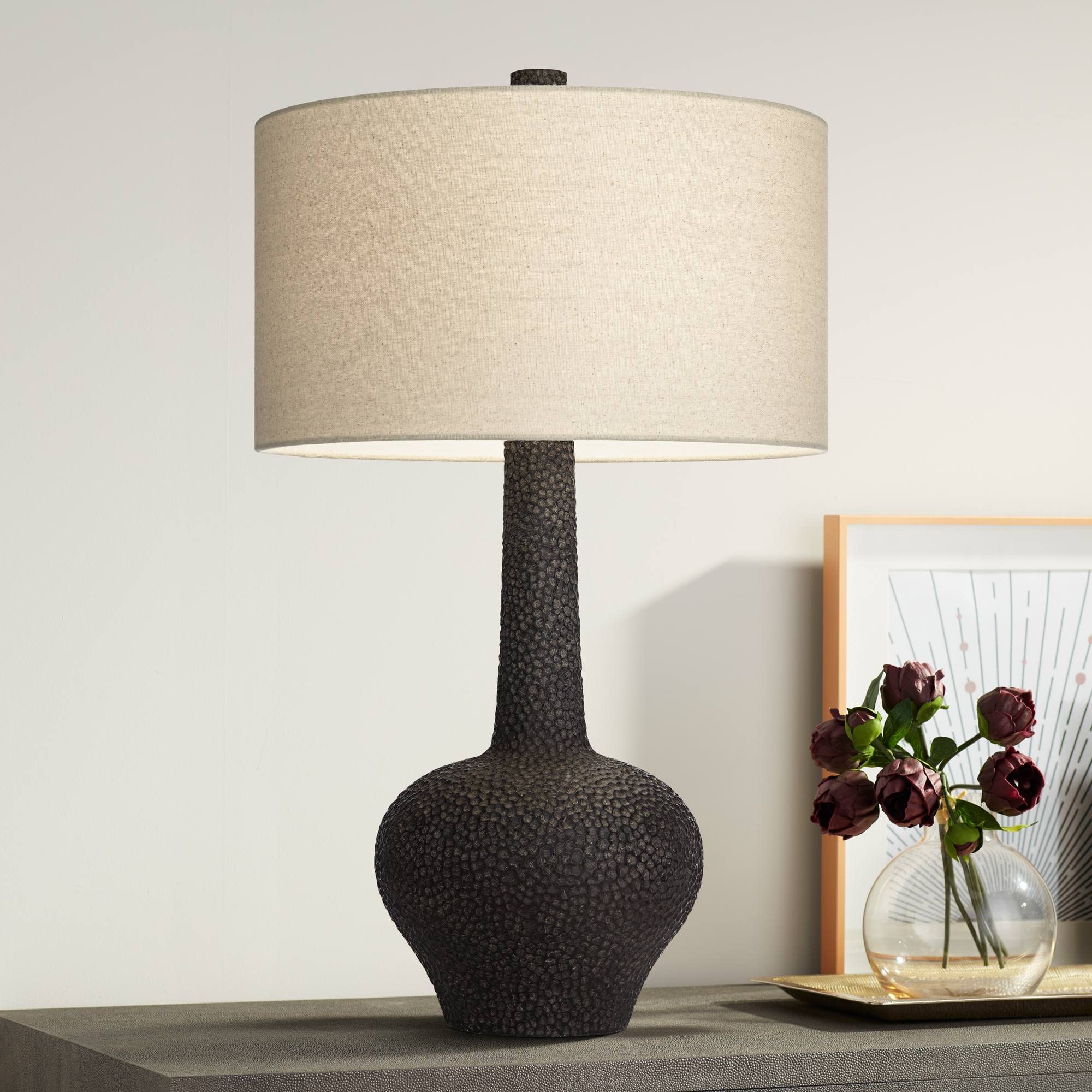 Possini Euro Design Lukas Mid Century Modern Table Lamp 27 Tall Black Pebbled Pattern White Cream Fabric Drum Shade Decor for Li