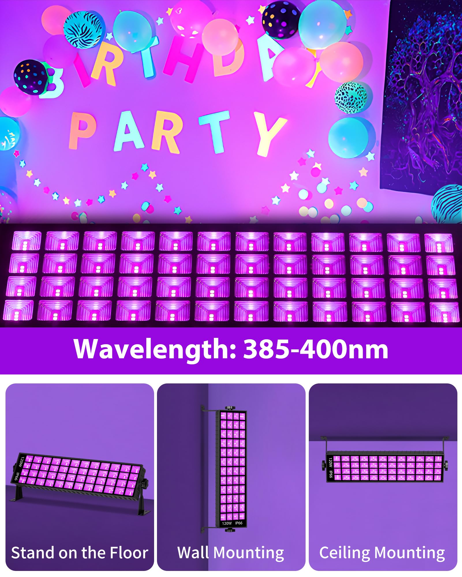 ISUERFY 120W LED Black Light Bar, Graphene Material, Flood Light with Switch, 6ft Cord, Covers 5000ft², Model SUER-BL120W-SMX