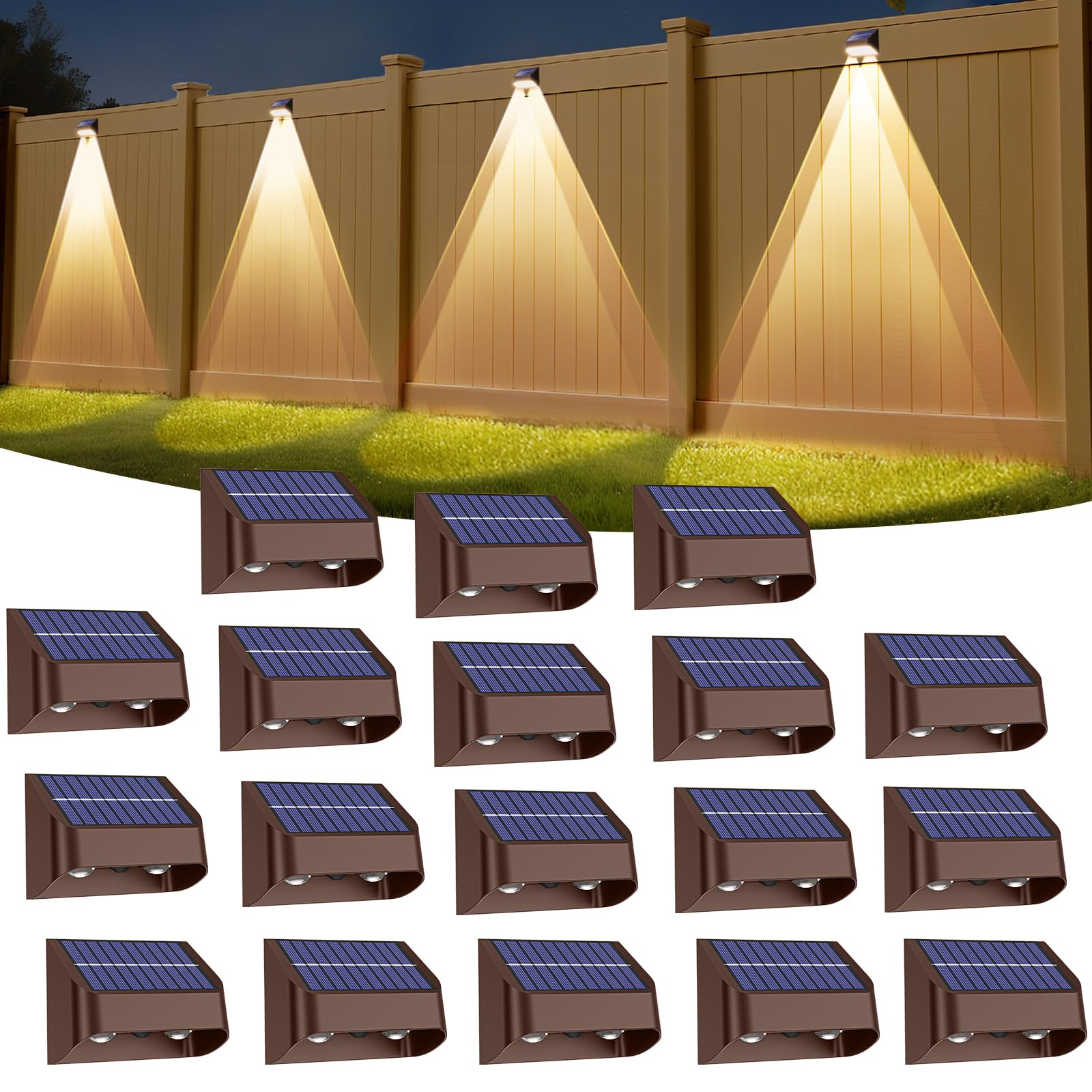 Super Long Lasting Solar Fence Lights Outdoor Deck Lights Waterproof Perfect For Winter And Rainy Days Dusk To Dawn High Brightness Solar Lighting For Wall Stair Yard Patio Backyard(18 Pack Brown)