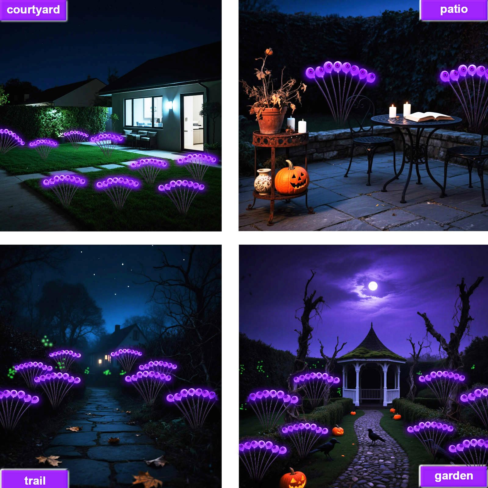 RE:BLEU Halloween Eyeball Lights, 4 Pack, 32 LED, Solar Powered, Purple, Outdoor Decorations, Scary Path Lights for Yard, Model AE002