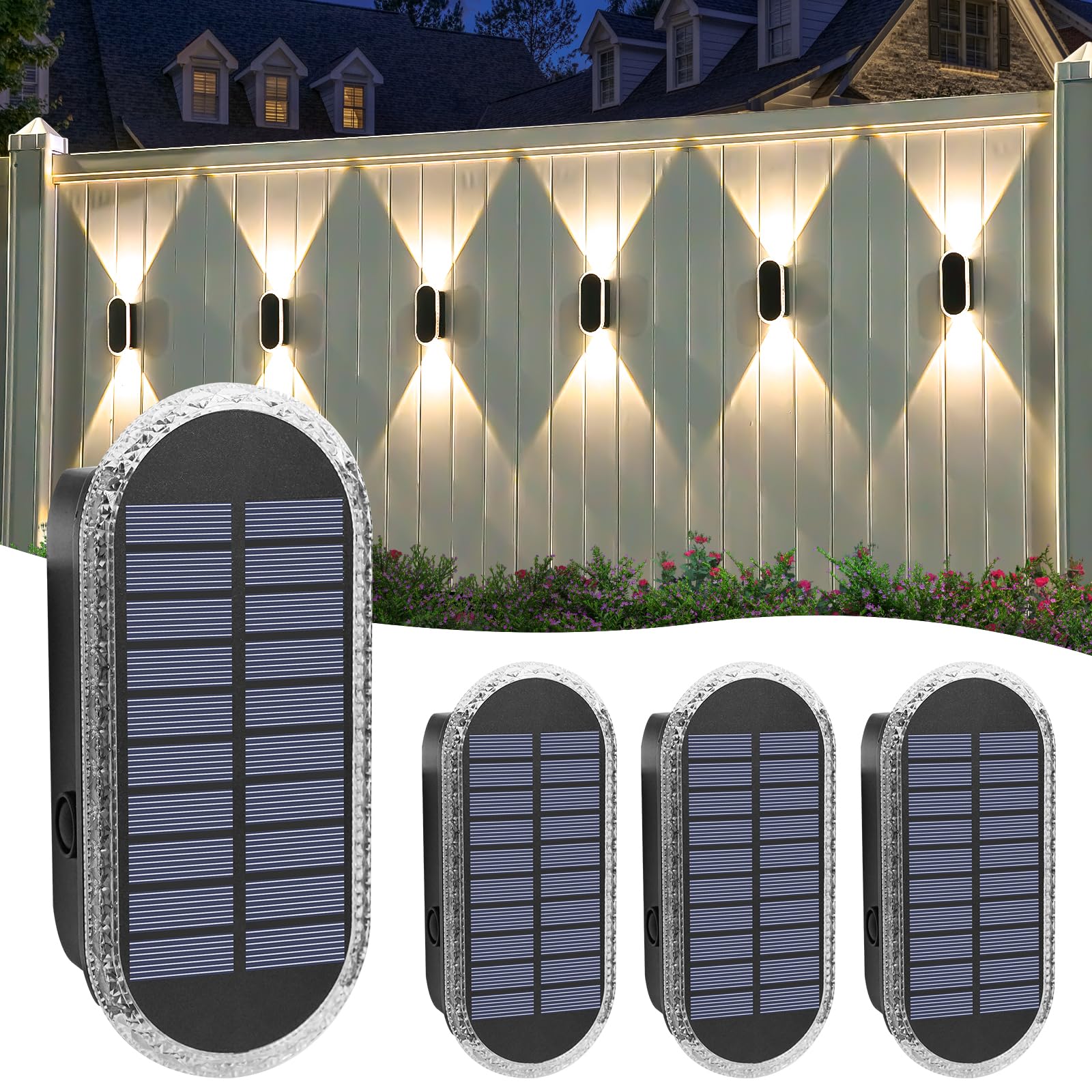 4 Pack Solar Fence Wall Lights Outdoor RGBW 8-Color Changing, IP65 Waterproof Dual Lens Up/Down Lighting, 15H Runtime Landscape 