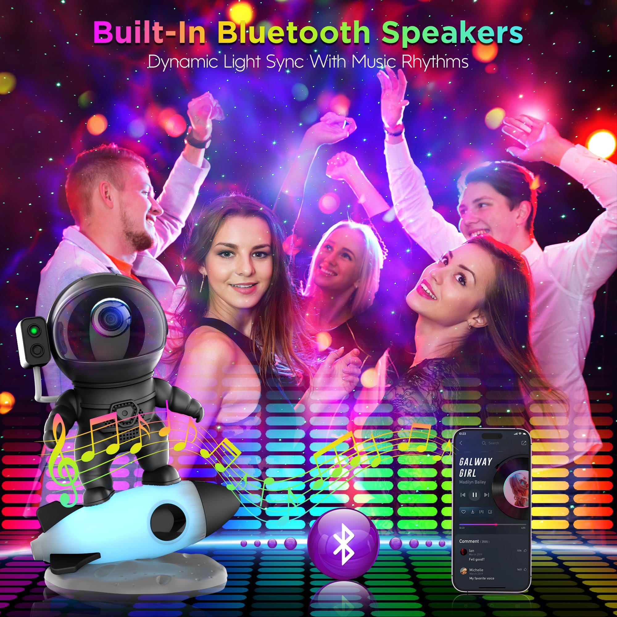 FlyLily Astronaut Galaxy Projector - Star Projector with Bluetooth Speaker, Remote Control, White Noise, Black, Model BL-HJ07