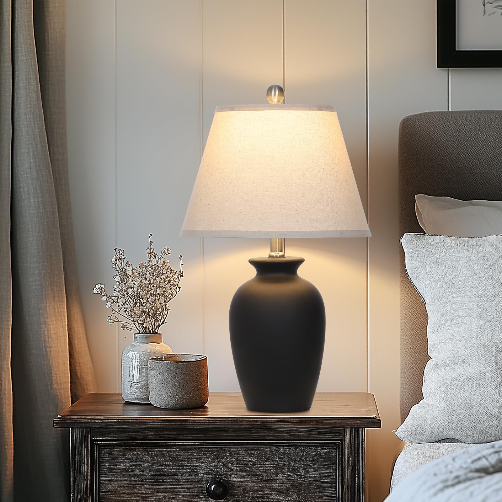 Cinkeda 22'' Black Ceramic Farmhouse Table Lamp With Ginger Jar Design - For Living Room,Dining Room,Bedroom,Office,Nightstand,E