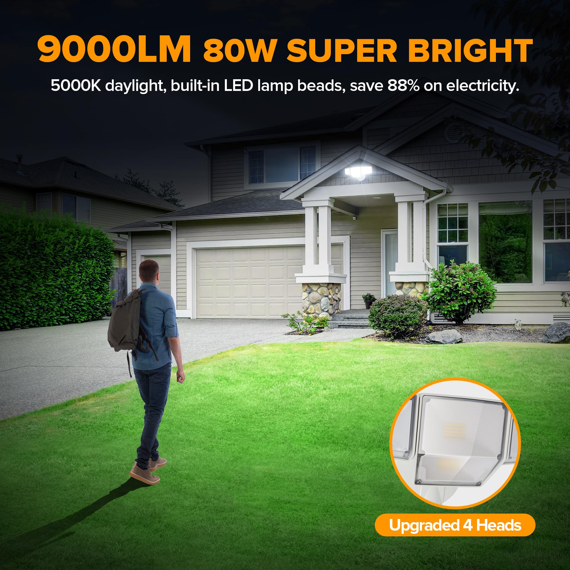 Lutec 80W Dusk To Dawn Flood Lights Outdoor, 9000Lm Super Bright Led Security Light With Photocell, Ip65 Waterproof, 5000K Dayli