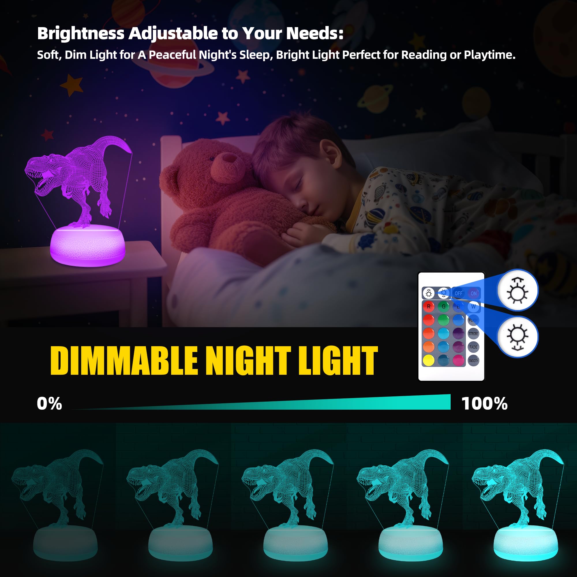 JURHHOEN Dinosaur Night Light, Night Light for Kids - Third-Generation 3D Acrylic Night Light, 16 Color Changing Lamp with 3 Din