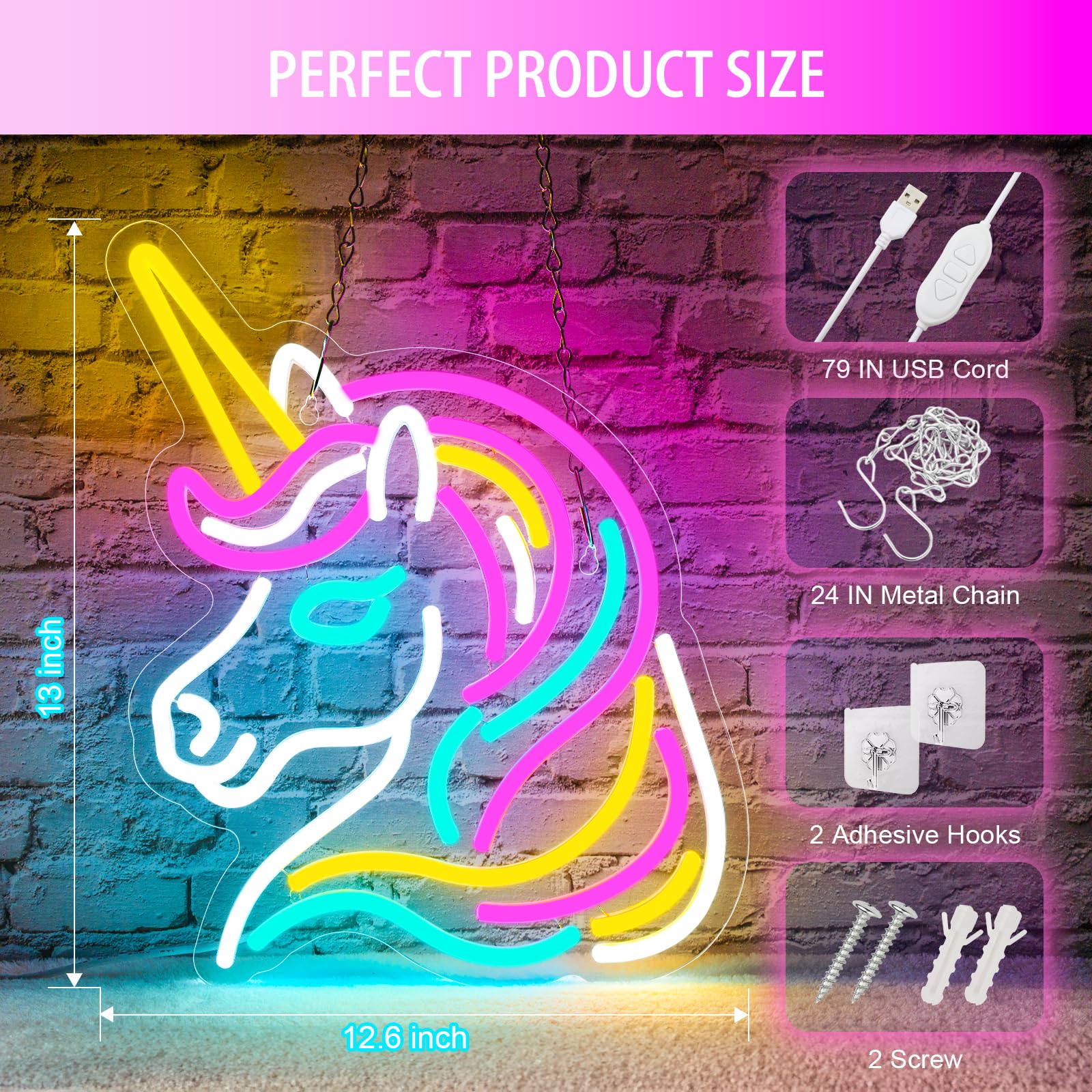 Basaneon Unicorn Neon Sign, Dimmable LED Wall Decor, 13inx12.6in, USB Powered, Acrylic, Colorful for Girls Room, B-Unicorn