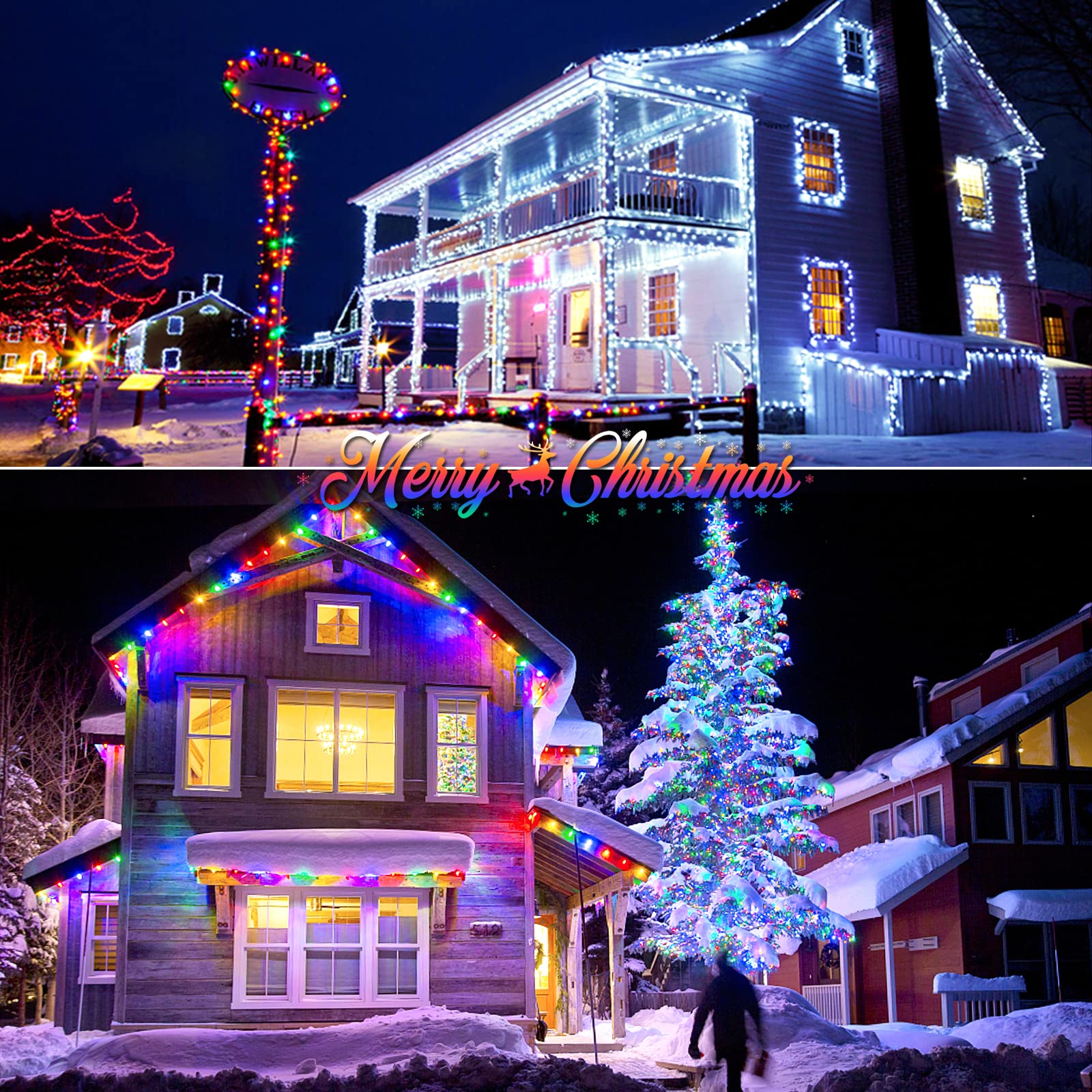 JMEXSUSS Solar String Lights, 200 LED, 75.5ft, Color Changing, Waterproof, Remote Control, White to Multicolor, 2 Pack