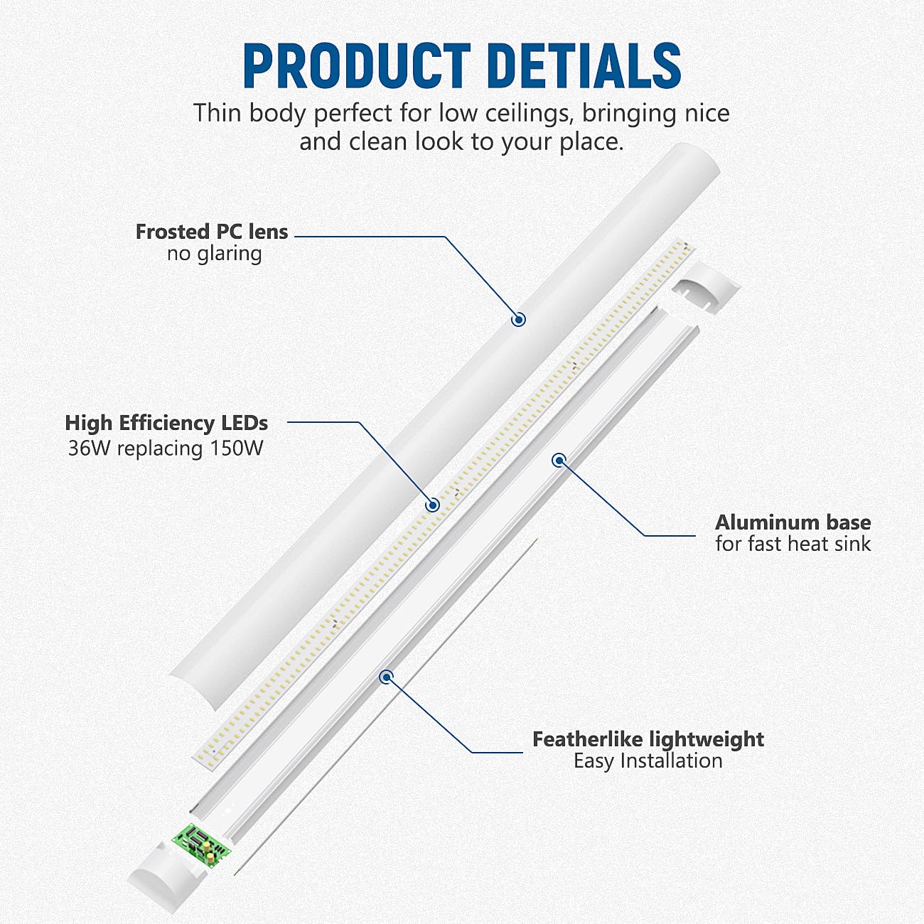 DAKASON 4FT LED Closet Light Fixture, 36W, 4320lm, Adjustable 3000/4000/5000K, White, Flush Mount, Hardwired, Model