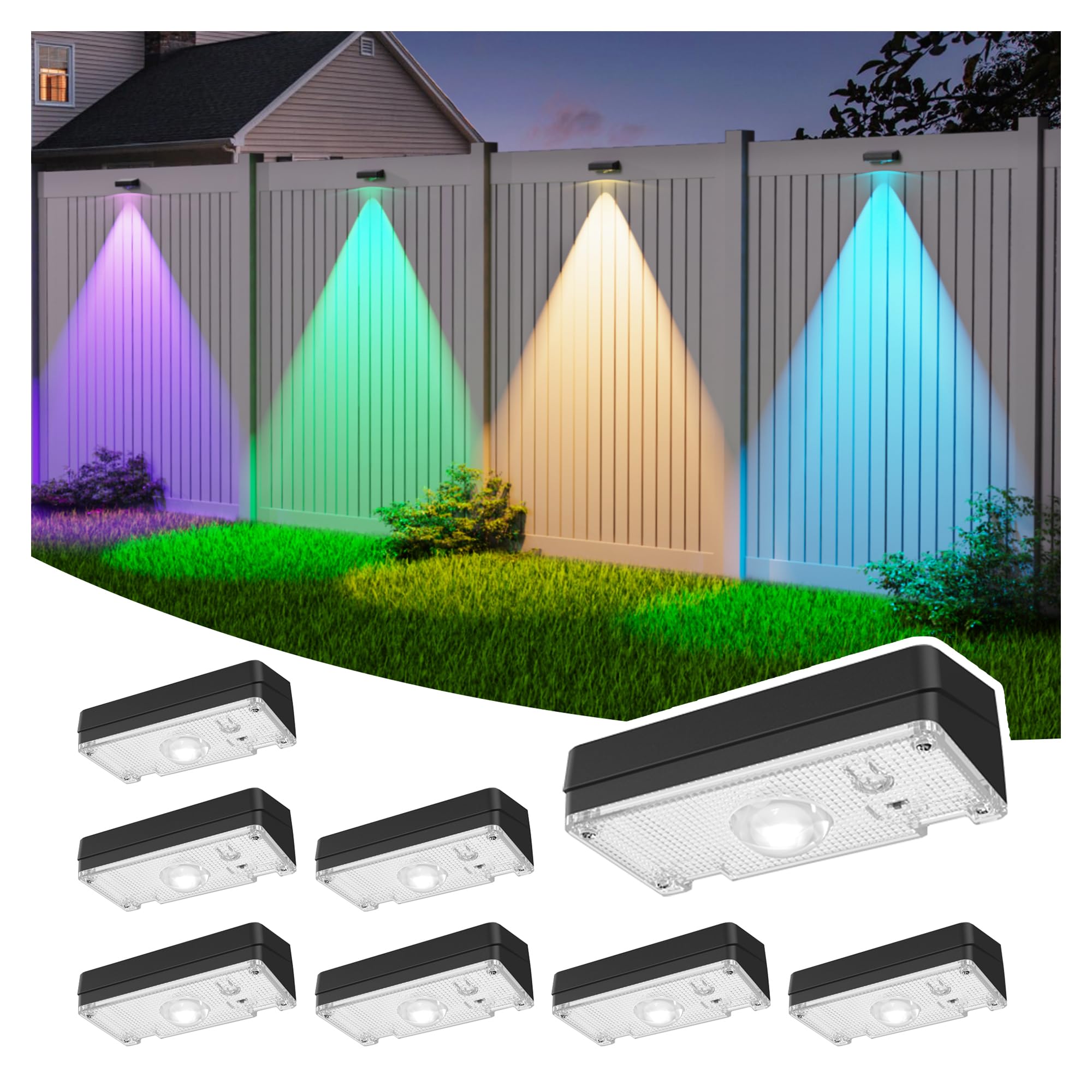 ZCXLIGHT Solar Fence Lights Fence Lights Solar Powered Waterproof IP65 Multicolor Led 12 Fixed Colors &RGB Color Changing for Pool  Deck  Patio  Porch  Stairs  Holiday-8pack