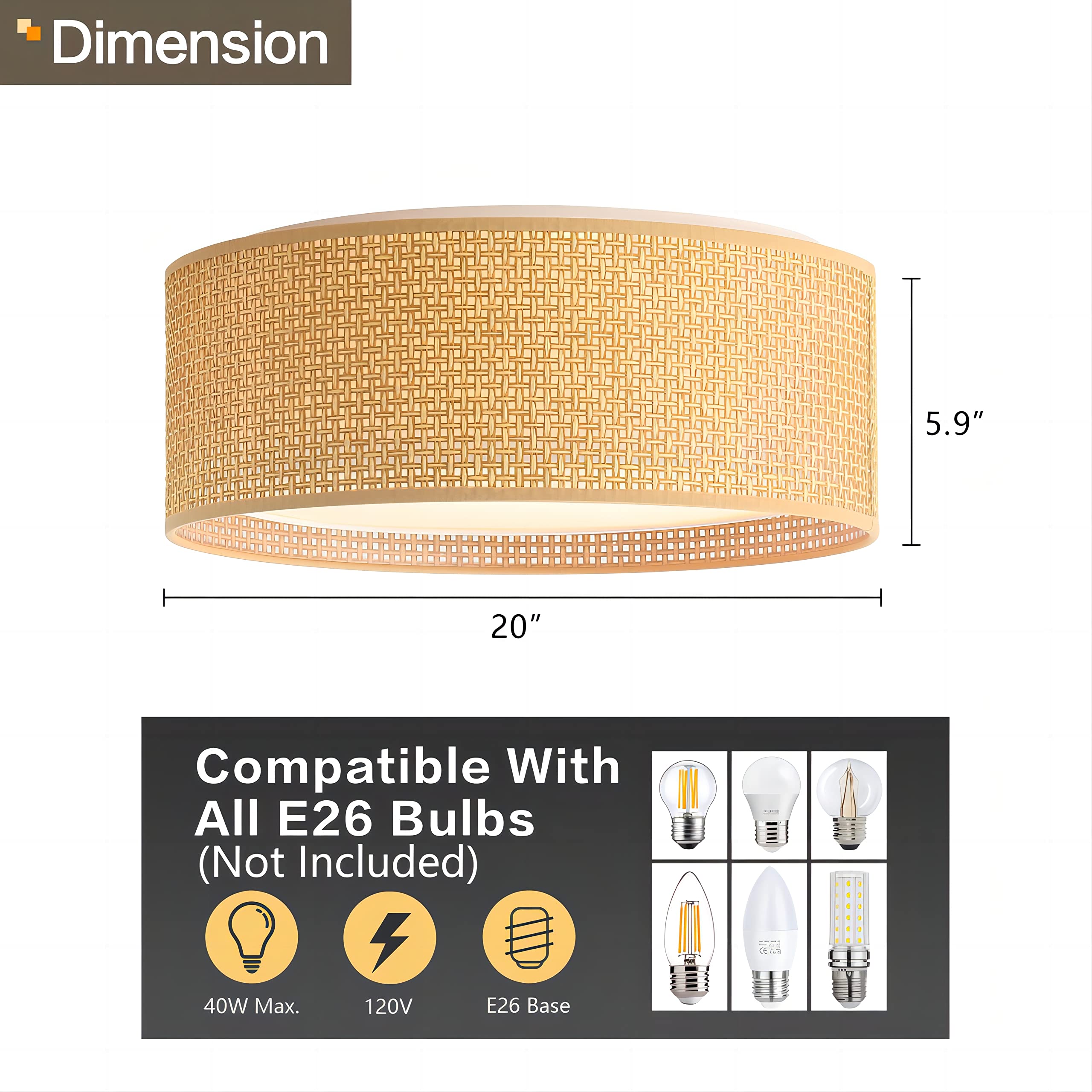 WINGBO 5-Light Flush Mount Ceiling Light Fixture, 20in Large, Brown, Acrylic Double Drum Shade, Model WBFM-ZP31-SP-FBA