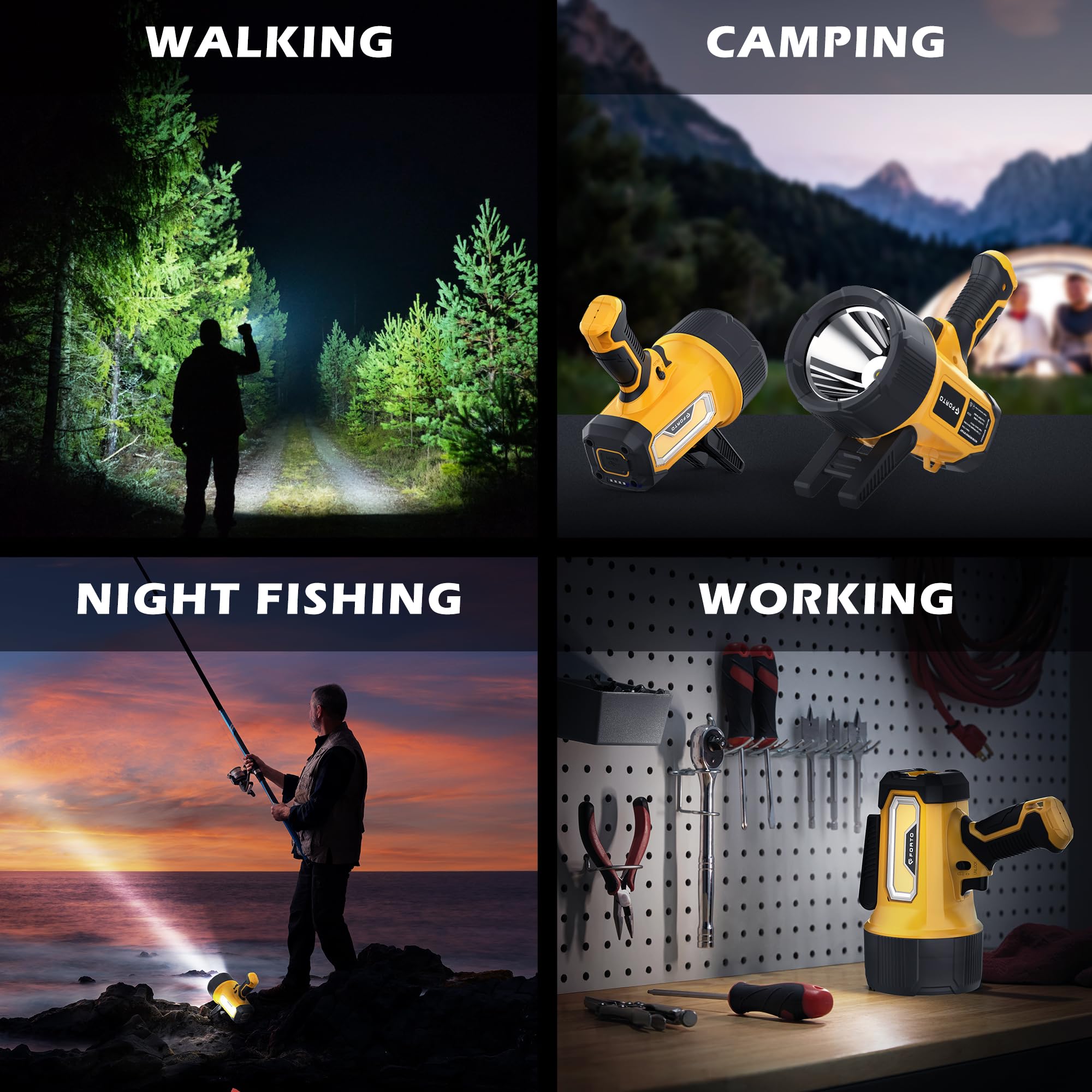 FORTO Rechargeable Spotlight Flashlight, 2000 Lumens, 6 Light Modes, IPX7 Waterproof, Handheld with Foldable Stand, Yellow, Model SP2000Y-N