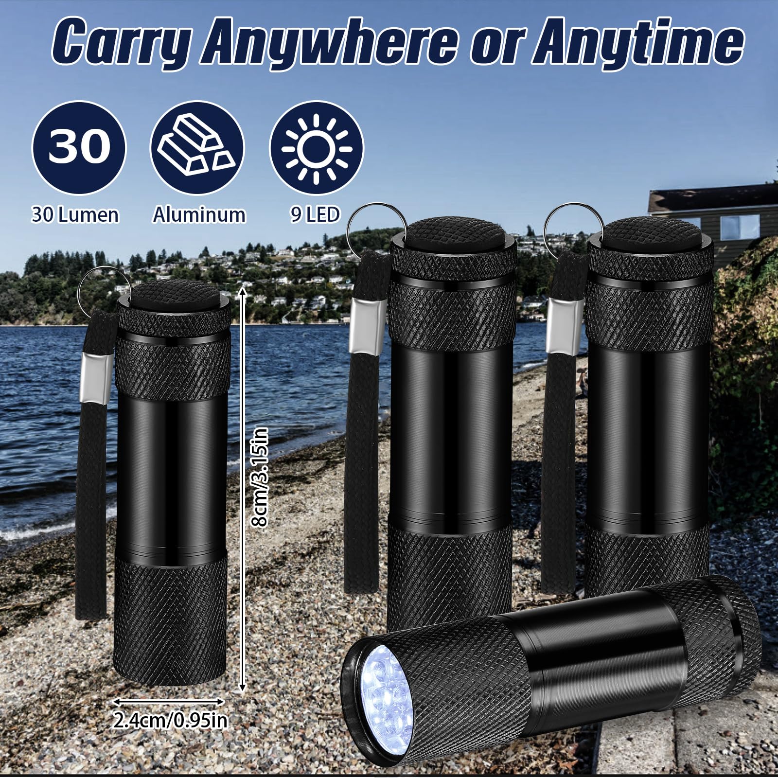 VIHOSE Mini Flashlights Bulk - 20 Pcs LED Handheld Lights, Aluminum, Black, Lanyard Included, Ideal for Kids, Camping, Hiking