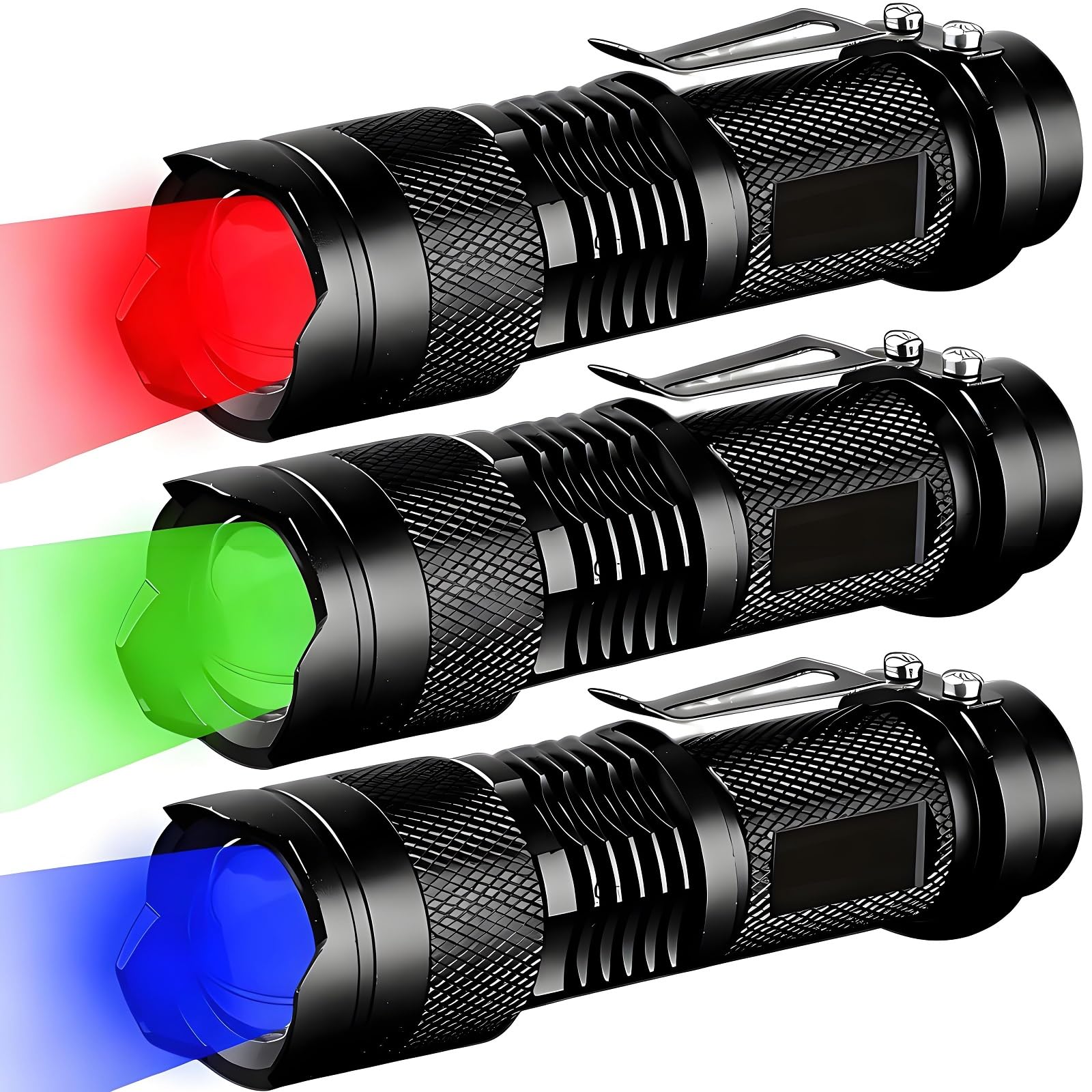MVIOCS 3 Pack Red Green Blue Light Bright Small Flashlights, LED Mini Flashlight High Lumens Pen Light with 3 Modes, Zoomable To