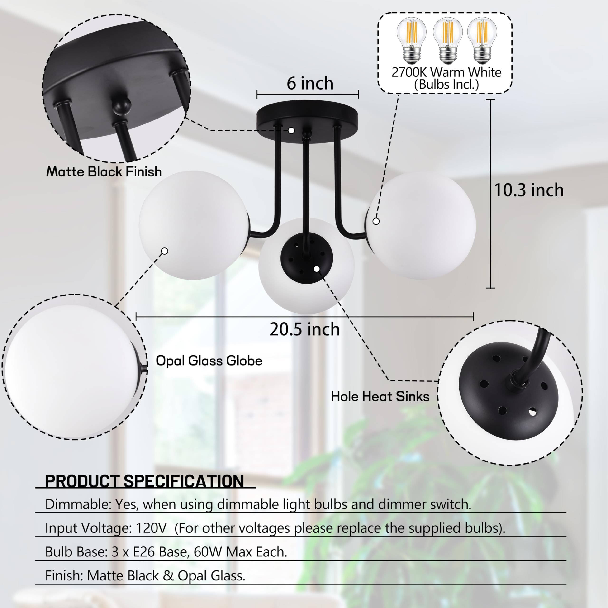 Koko&Yukina 3-Light Semi Flush Mount Ceiling Light With Opal Milk Glass Globe & Matte Black For Bedroom, Hallway, Entryway, Kitc