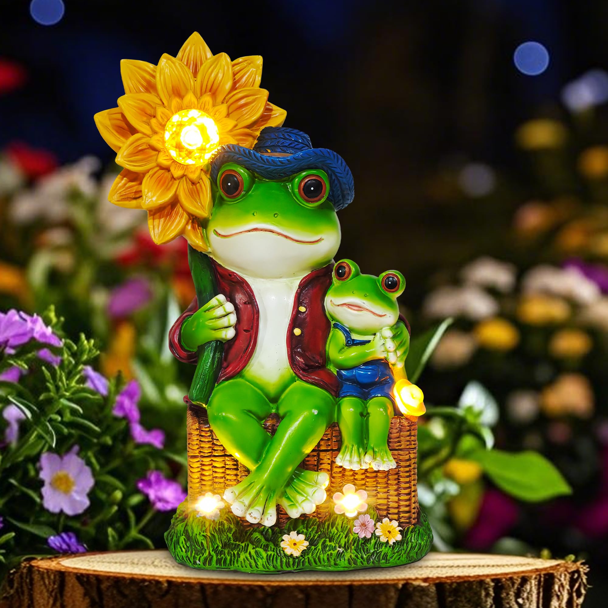CFFOWNUG Outdoor Frog Garden Decor, 9in  Resin Yard Decoration, Funny Solar Frog with Sunflower Light, Model CF-FLOG001, Frog Color