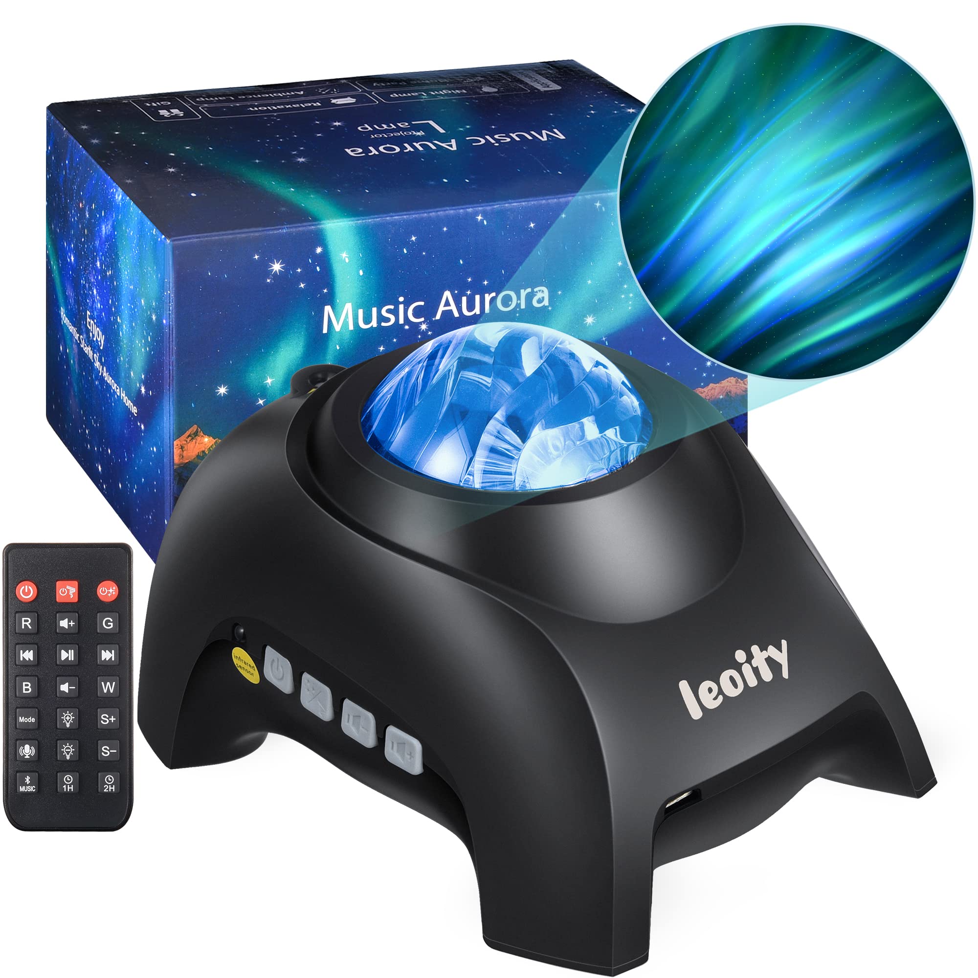 Leoity Star Projector - Aurora Projector with Remote Control, Bluetooth Speaker, White Noise, Timer - Black, Model LY-SP001