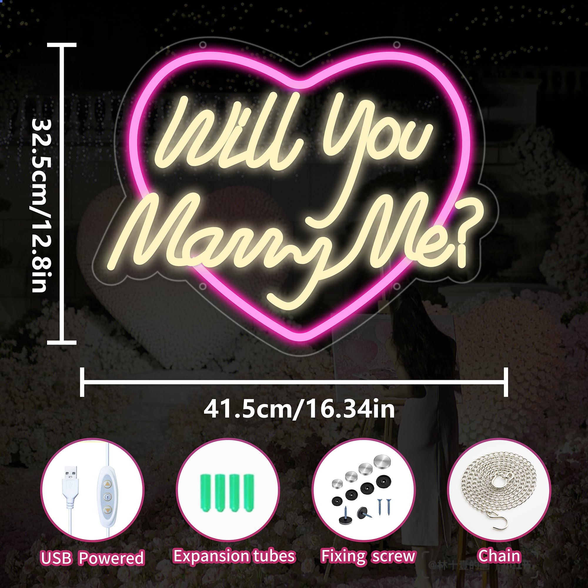 Moneter Will You Marry Me Neon Sign - 16.34"x12.8" LED Acrylic Wedding Decor, USB Powered Engagement Gift