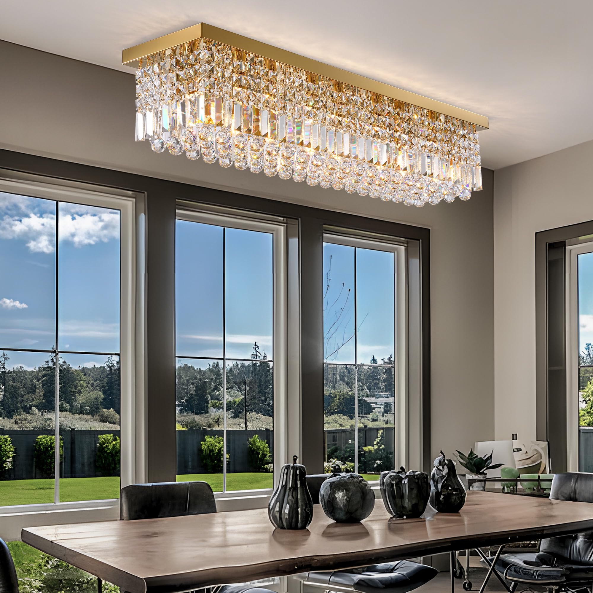 Tinkoso 8-Light Gold Crystal Chandelier, Modern K9 Crystal Rectangle Chandelier For Dining Room Kitchen Island Hanging Pendant L