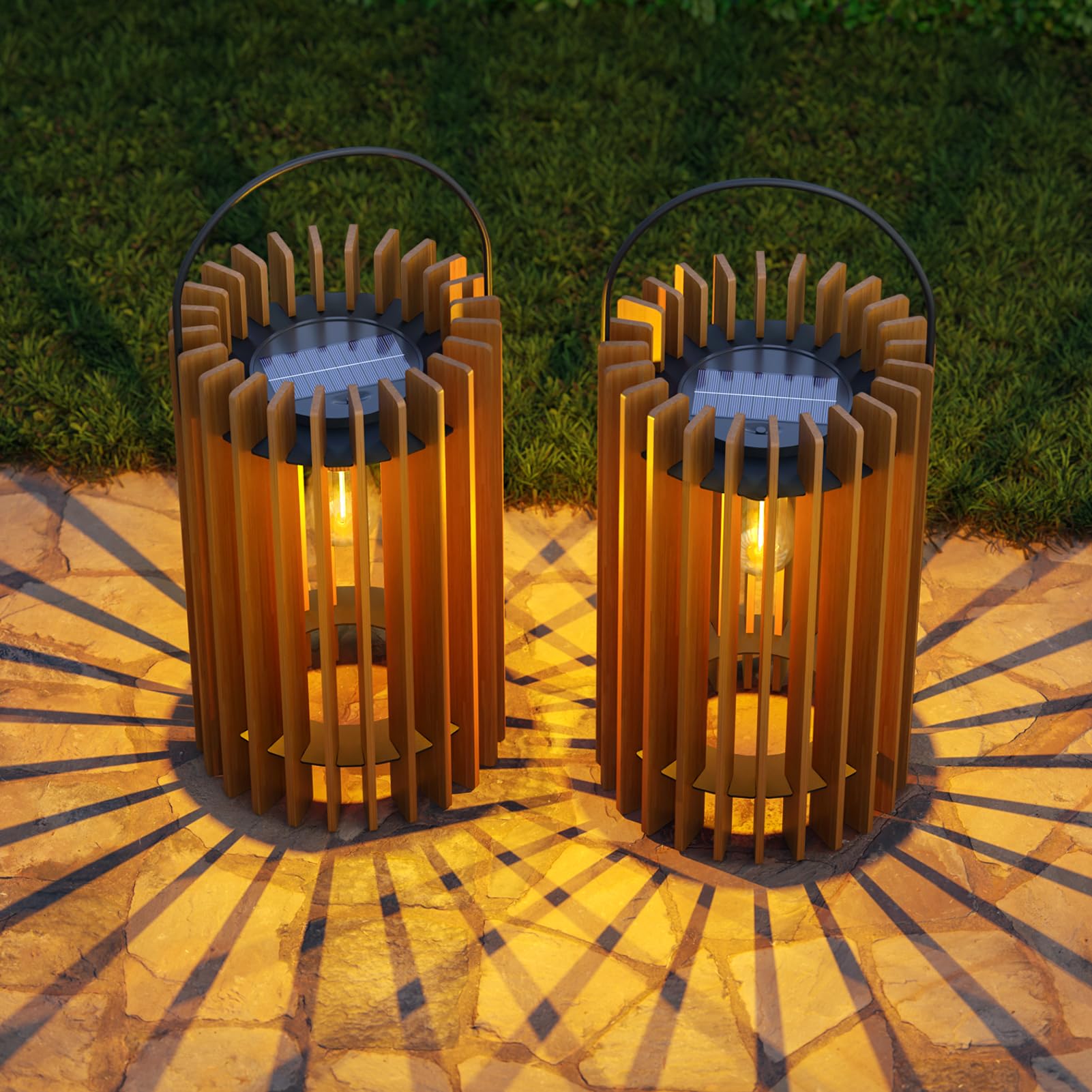 2 Pack 13 Solar Lantern Outdoor Waterproof IP44 Outside Lights LED Hanging Rattan Lamp for Patio Garden Decor Porch Yard Table T