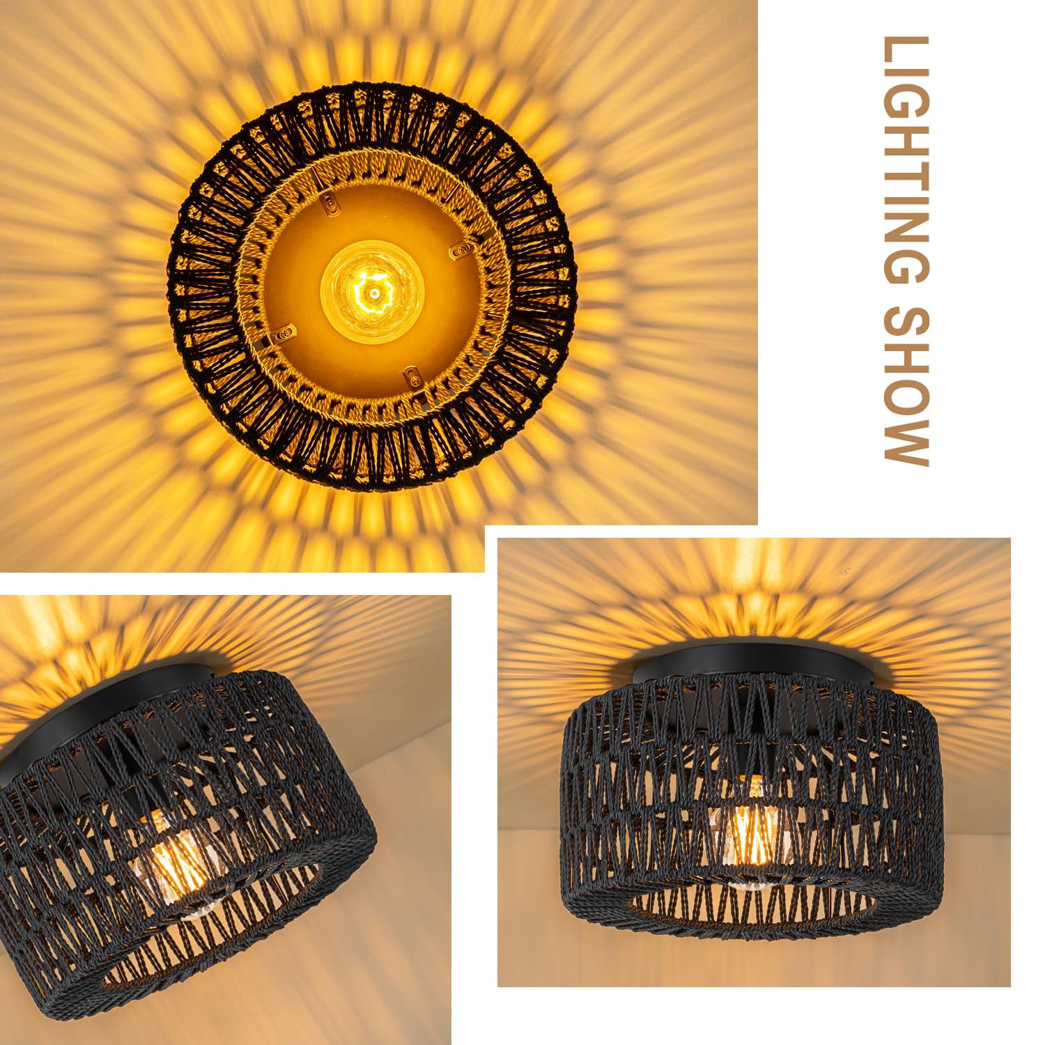 Sinerise Rattan Ceiling Light Fixtures (12-Inch, Led Bulb Included), Hand-Woven Boho Flush Mount Ceiling Light, Rattan Chandelier For Hallway Kitchen Farmhouse Foyer Entryway Living Room(Black)