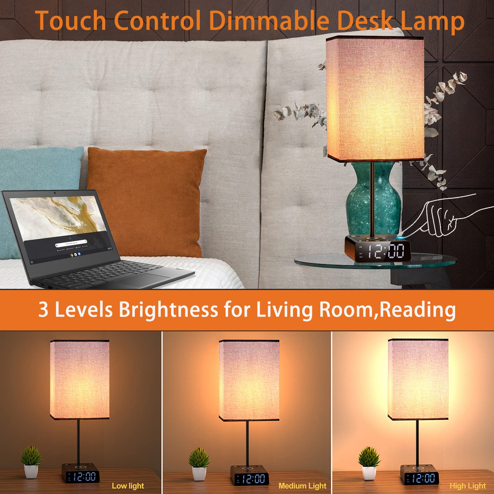 Table Lamps For Bedroom Set Of 2 - Touch Bedside Lamp With Wireless Charger & 2 Usb Charging Ports & 2 Ac Outlets, Alarm Clock Base,Dimmable Nightstand Lamps With Square Fabric Shade For Living Room