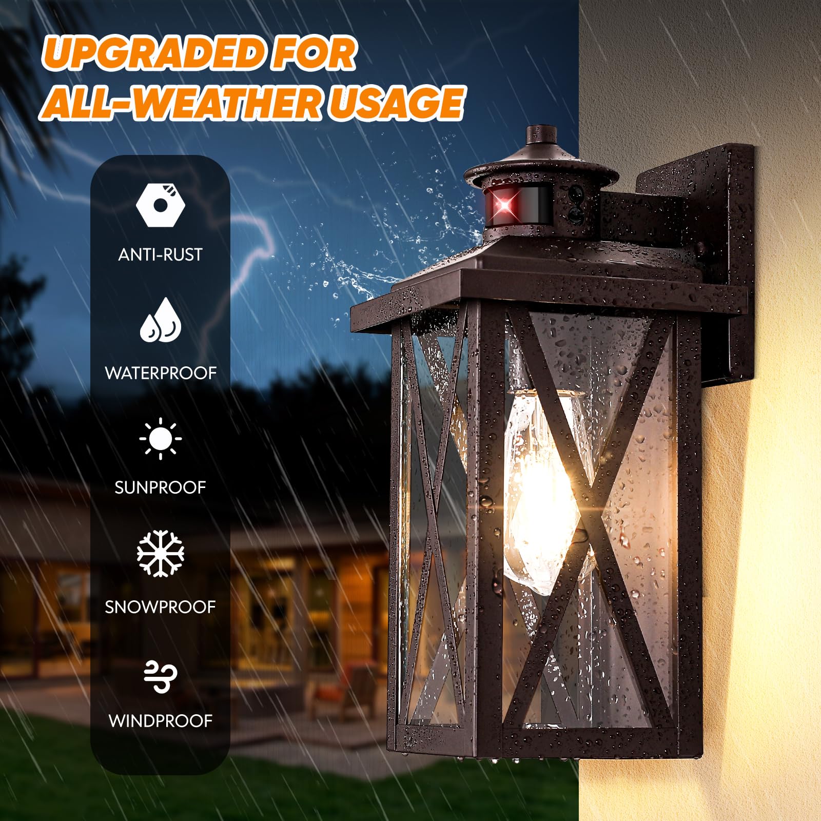 Dusk To Dawn Outdoor Wall Light Fixtures, Motion Sensor Outside Porch Lights, Anti-Rust Exterior Wall Sconces With E26 Base, Wat
