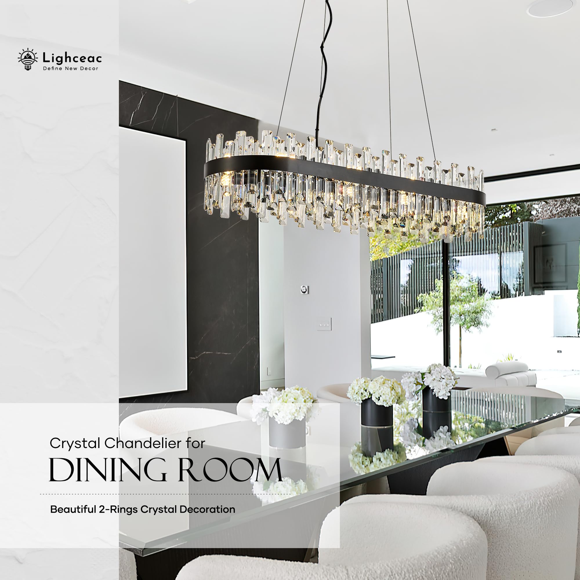 Lighceac 39 Modern Black Rectangle Crystal Chandelier Light Fixtures For Kitchen Island stylish Linear Crystal Chandeliers For Dining Room 16-Light Long Hanging Pendant Lighting For Entryway Foyer Bar