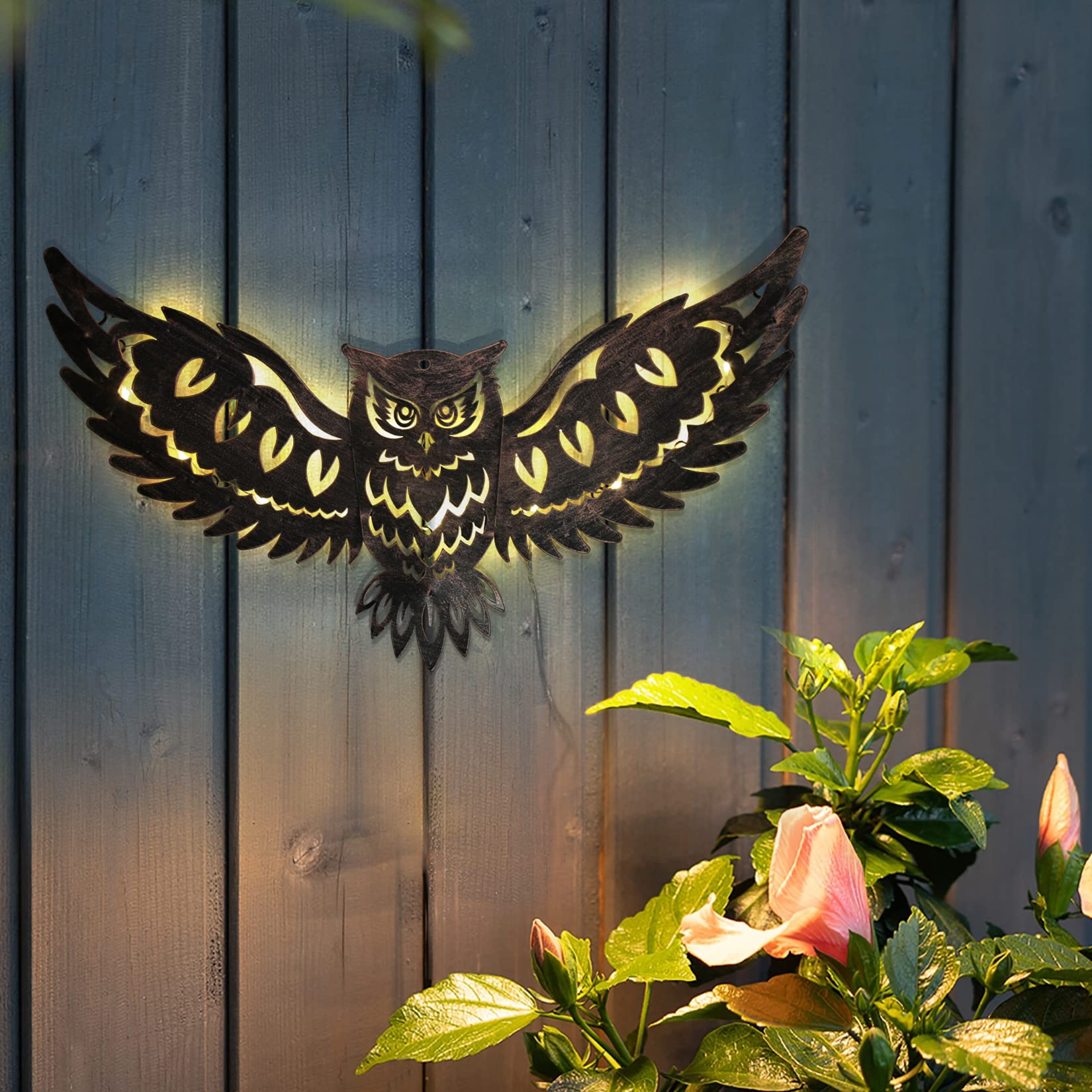 Diinor Solar Outdoor Wall Decor Lights Owl Hanging Solar Lights Outdoor Metal Solar Garden Lights Porch Patio Yard Decorative Large 23.62Inch Warm White