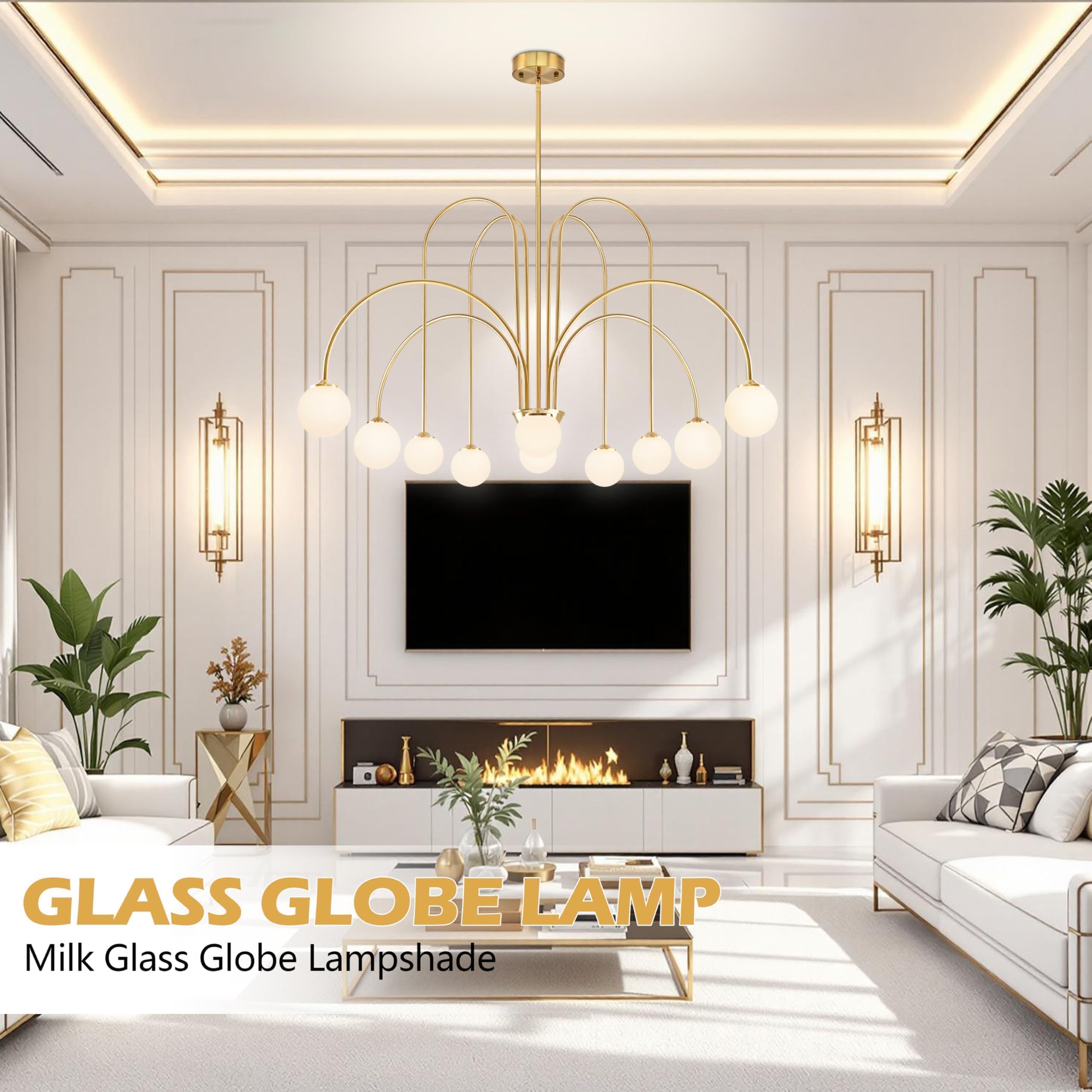 Bagood 10-Light Modern Sputnik Chandelier, 43" Opal Gold Globe Pendant Light, Metal, Model DGQ-U10-NJ, G9 Bulb & Remote Included