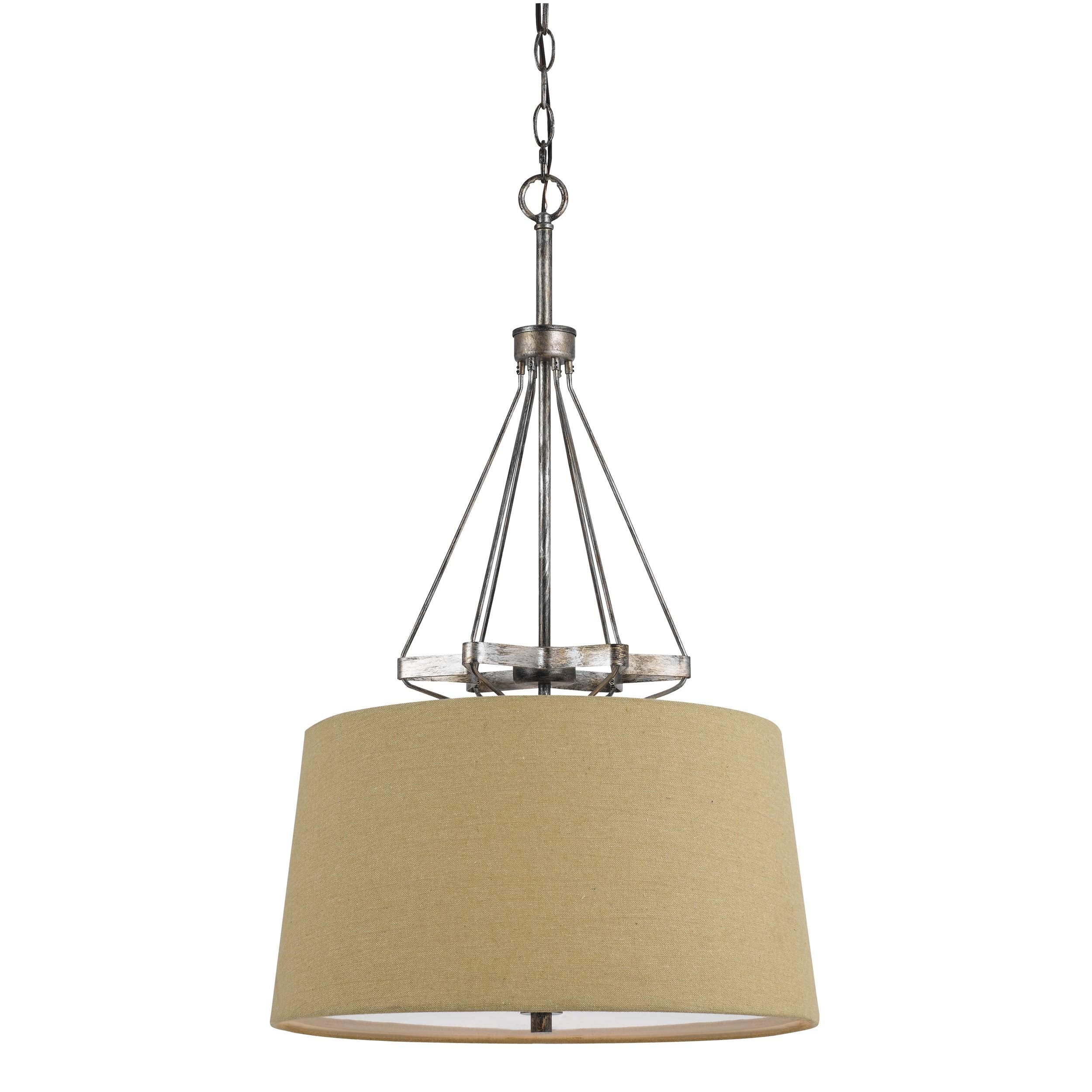 Benjara 3 Bulb Pendent With Round Burlap Shade And Metal Frame, Beige