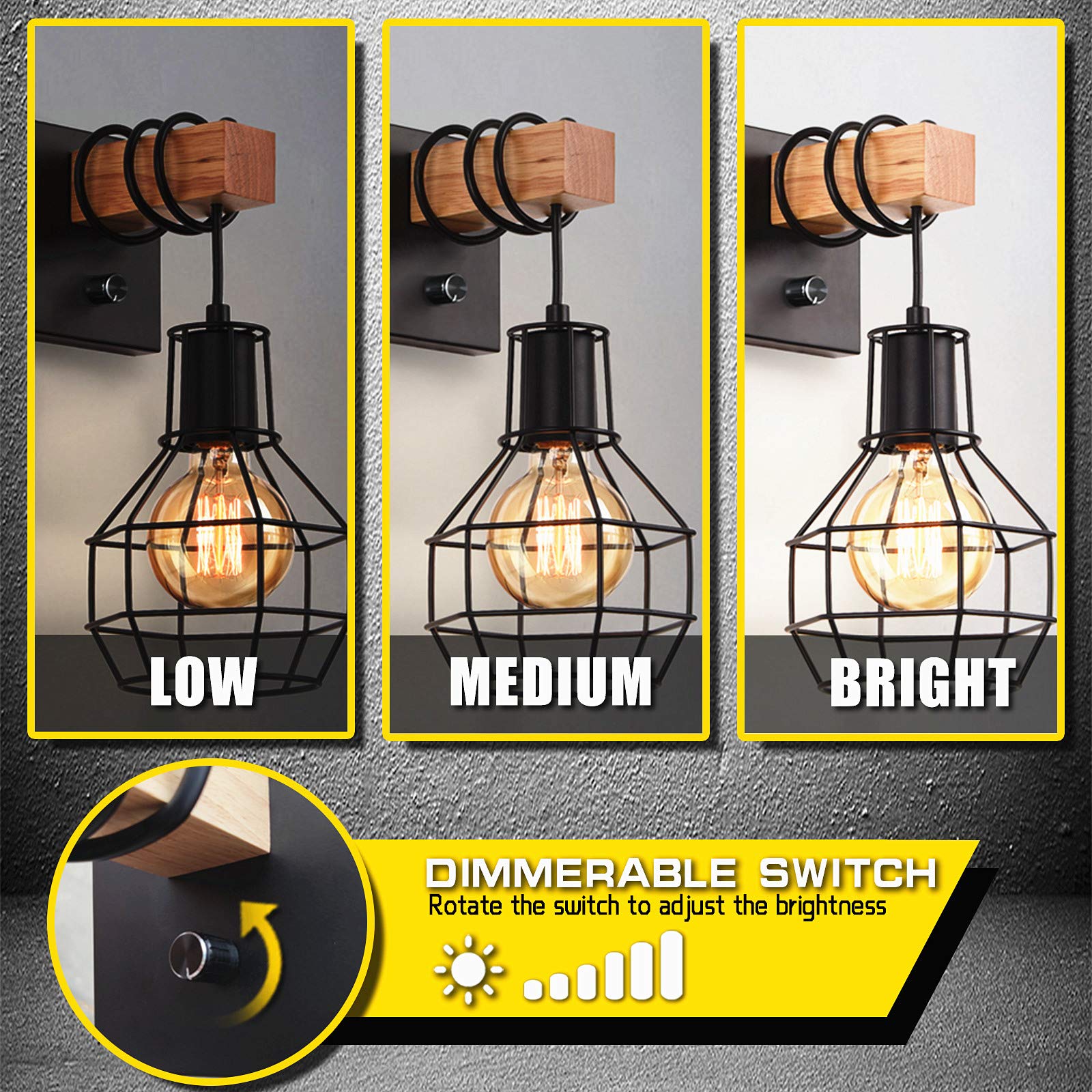 Lightess Black Wall Sconces, Industrial Cage Design, Dimmer ON/OFF Switch, Metal, Model LG9871215