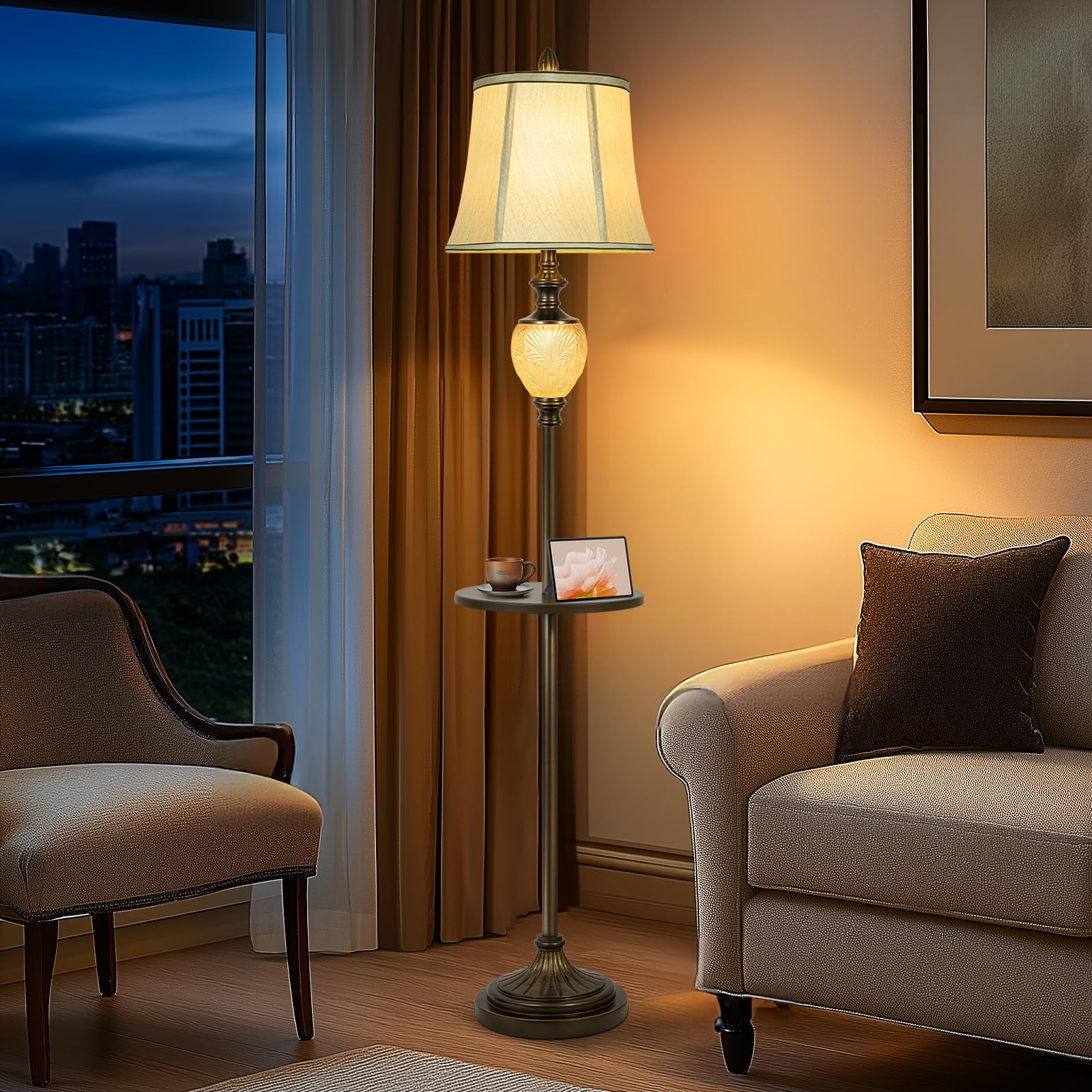 64'' Vintage Floor Lamp For Living Room With Tray And Nightlight Farmhouse Tall Standing Lamp With Beige Faux Silk Shade Rustic