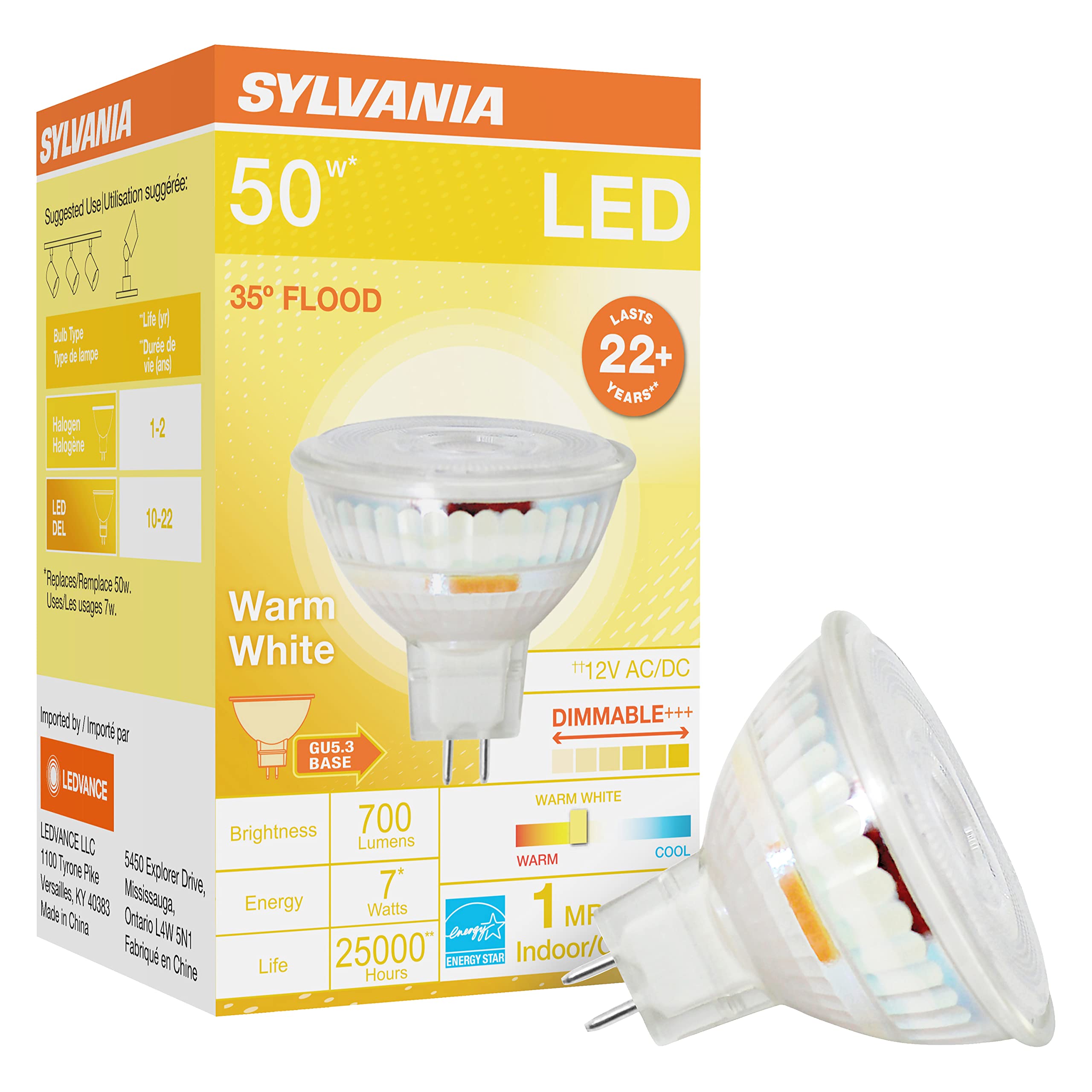 Sylvania LED Flood MR16 Light Bulb, 50W Equivalent, 7W Efficient, GU5.3 Bi-Pin Base, 35 Degree Angle, Dimmable, 3000K, Bright Wh