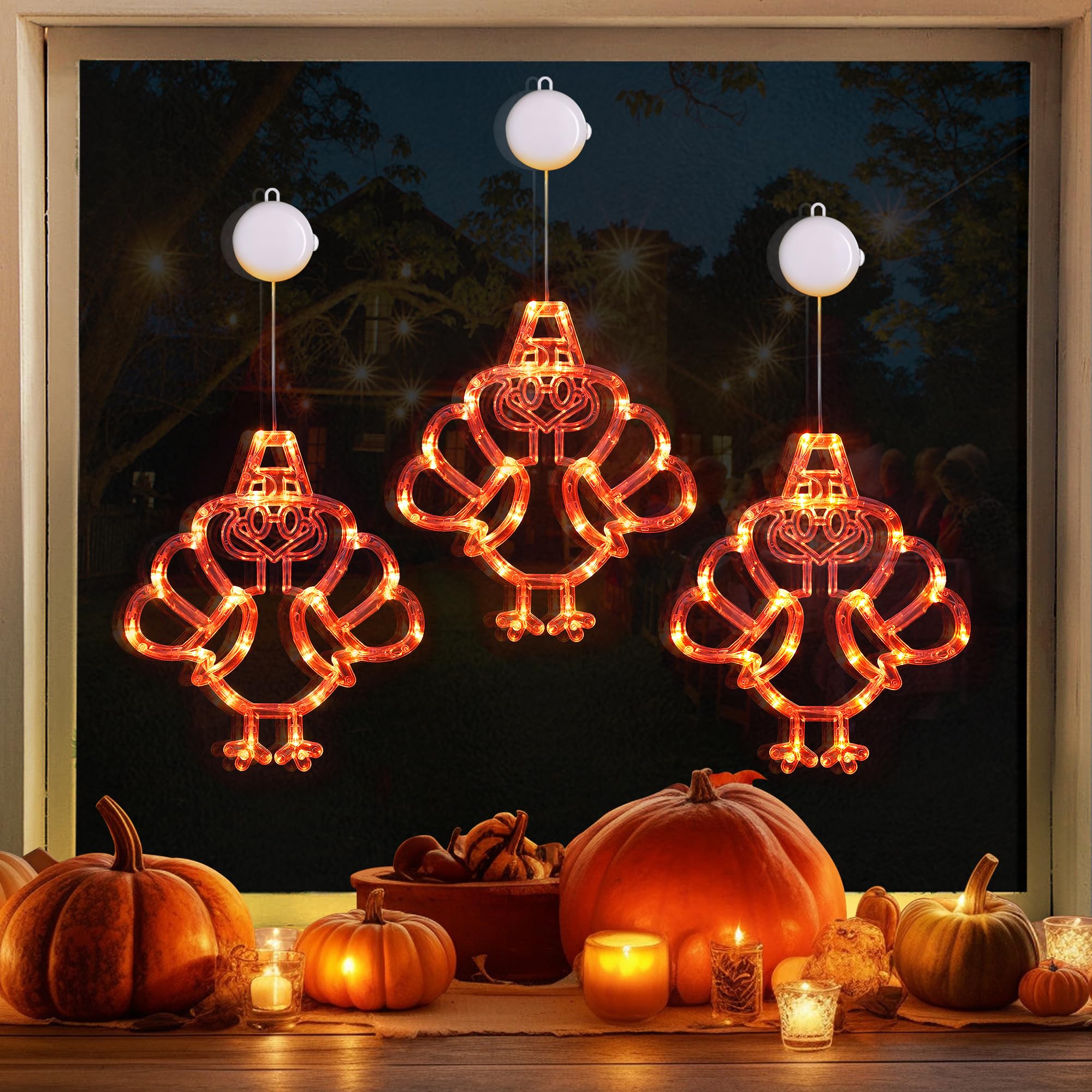 [Timer] 3 PCS Thanksgiving Turkey Decorations Window Lights, Battery Operated Thanksgiving Lights with Suction Cup, Turkey Lights Thanksgiving Decorations for Home Indoor Thanksgiving Party Decor