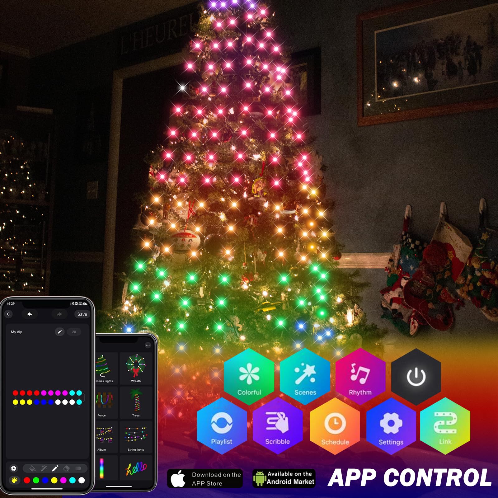 ASTRAEA 200 LED Christmas Tree Lights, 6.6FT x 10, Multicolor, Remote Control, 24 Modes, Indoor/Outdoor Decor