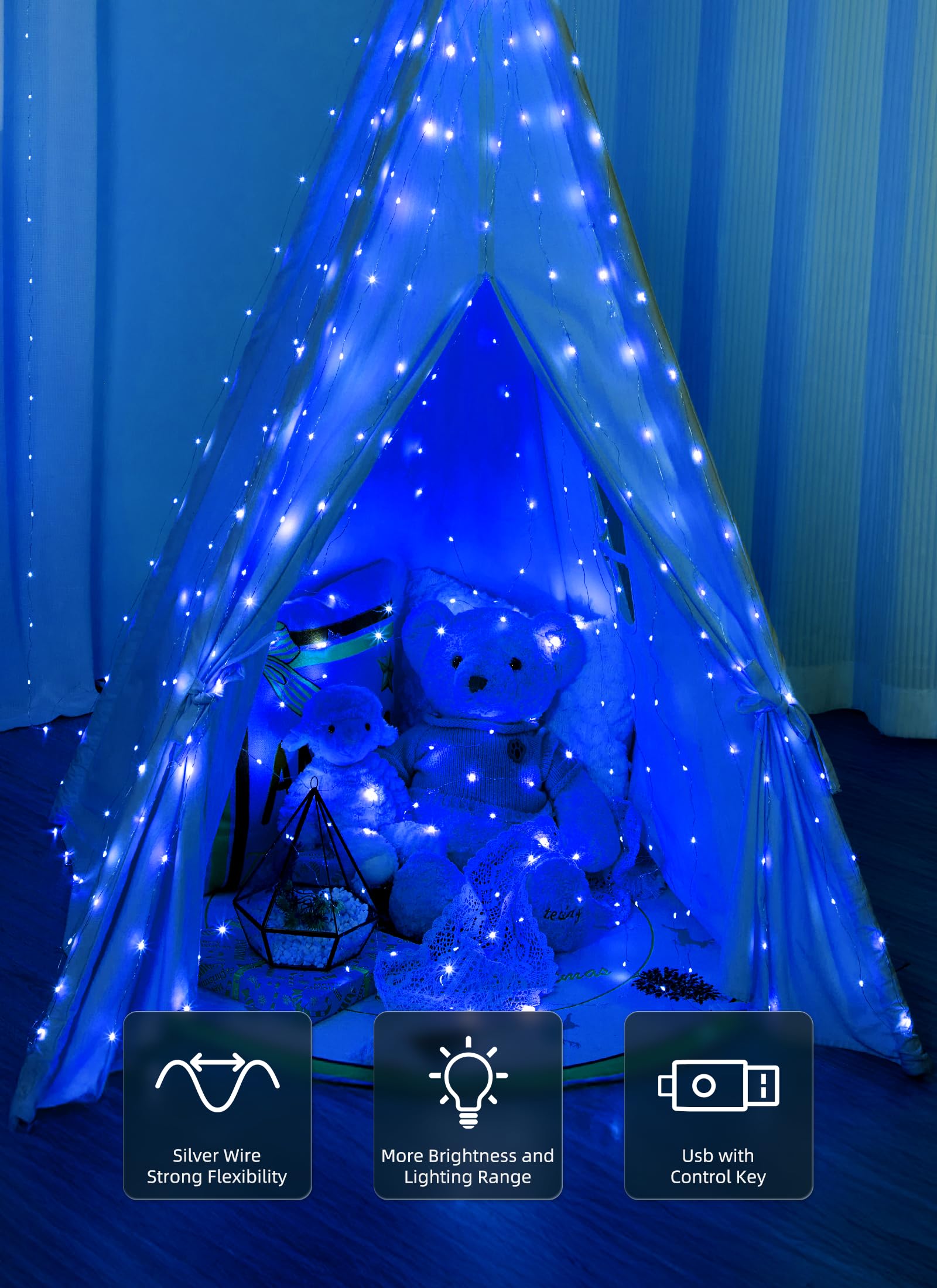 Brightown 300 LED Fairy Curtain Lights, 9.8ft x 9.8ft, Blue Copper Wire, USB Plug, 8 Lighting Modes, Remote for Indoor/Outdoor Use