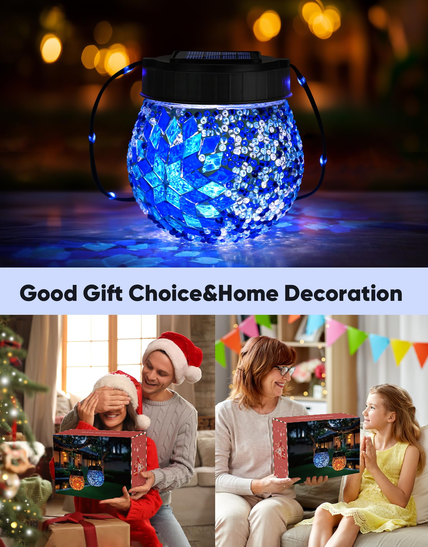 Mosaic Solar Lights Outdoor 6 Pack  Solar Hanging Lanterns Christmas Halloween Gifts For Women Mom Grandma  Waterproof Glass Globe Lights  Garden Patio Decor For Yard  Tree  Balcony  Cold