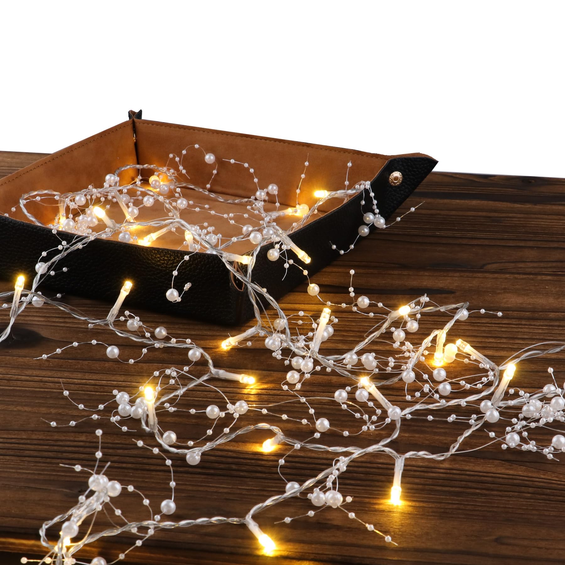 Rhytsing 14.7FT White Pearl Garland with 36 LED Light, Battery Operated Fairy String Lights with Timer for Wedding Christmas Par