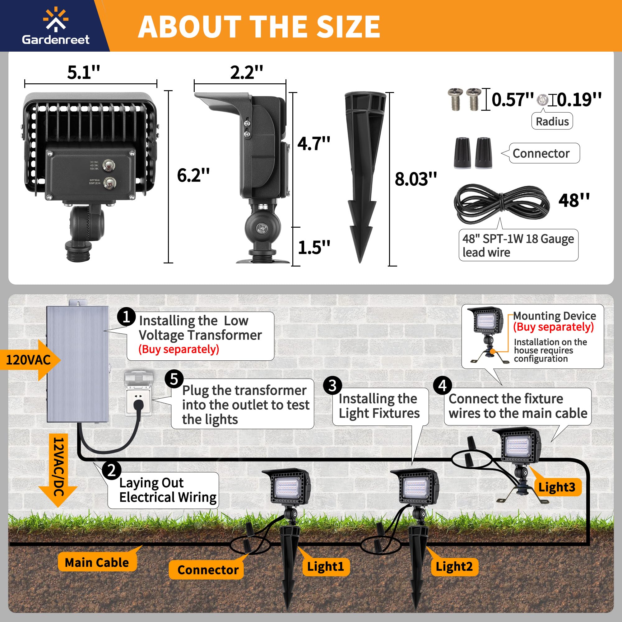 Gardenreet Led Wall Wash Lights - Low Voltage Landscape Flood Light, Brightness & Warm White Daylight White Adjustable, 12V Outd