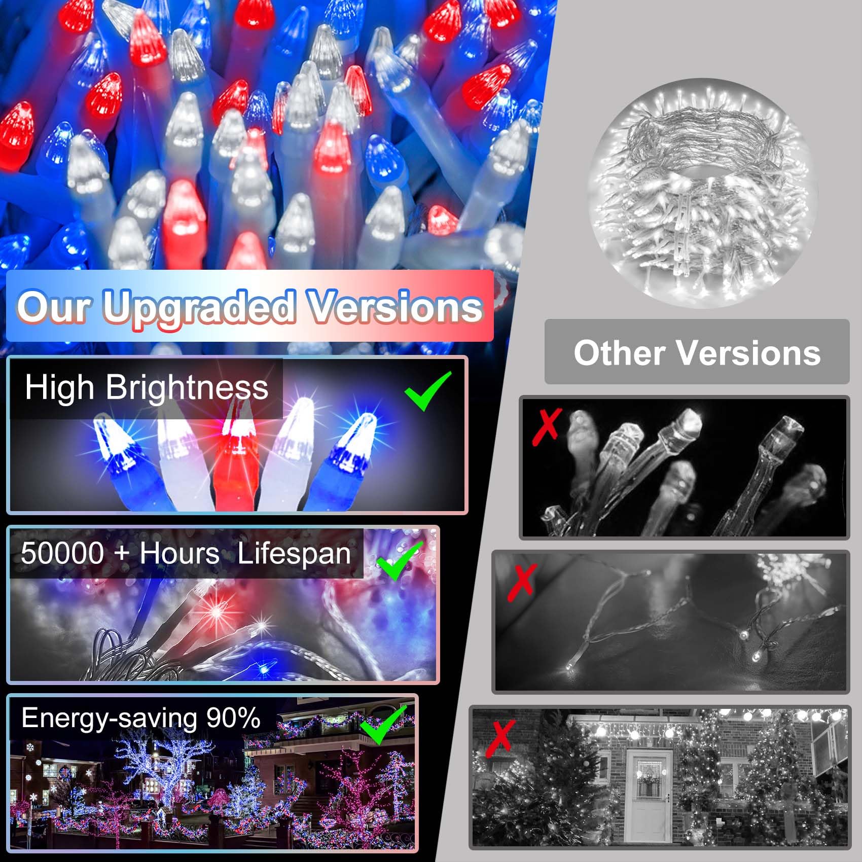 750 Led 240Ft Christmas String Lights Outdoor  Christmas Light With 8 Lighting Modes& Timer & Memory  Plug In Waterproof Clear Wire Twinkle Light For For Xmas Yard Tree Party Decor Red White Blue