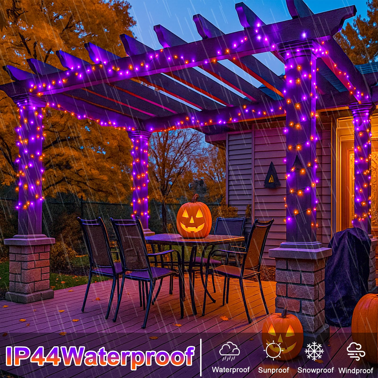 Einiiya 600 Led Christmas String Lights Outdoor  197 Ft String Lights Outdoor Clear Wire With 8 Modes  Plug In Waterproof Lights For Tree Party Christmas Thanksgiving Decorations  Purple&Orange