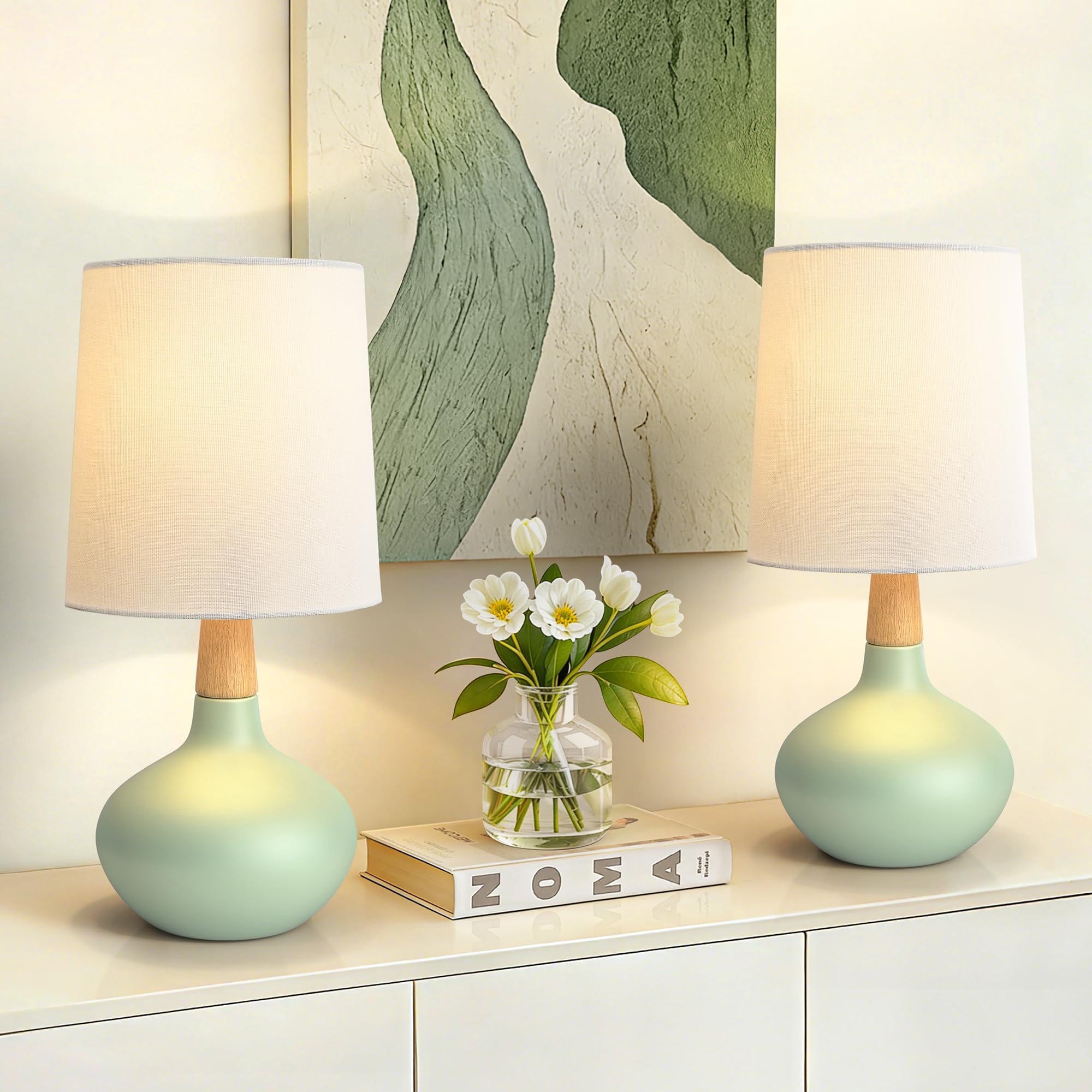 HIGHTRY 14 Ceramic Table Lamp Set of 2, Small Bedside Lamp with Natural Wood Stem & Linen Shade,Modern Farmhouse Night Lamp for 