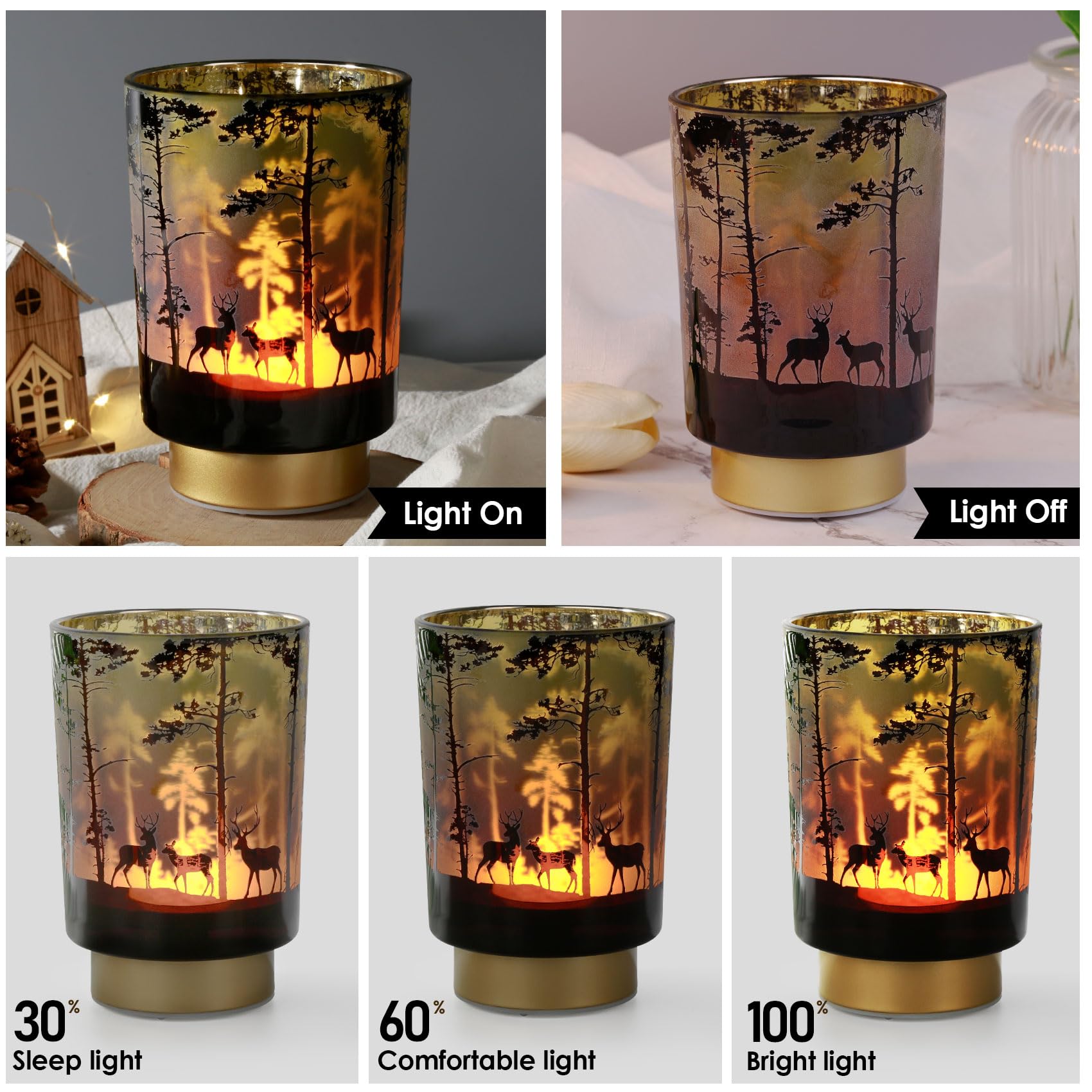 Eywamage Battery Operated Table Lamp With Remote, Forest Deer Cordless Glass Lamp For Bedroom Living Room Kitchen