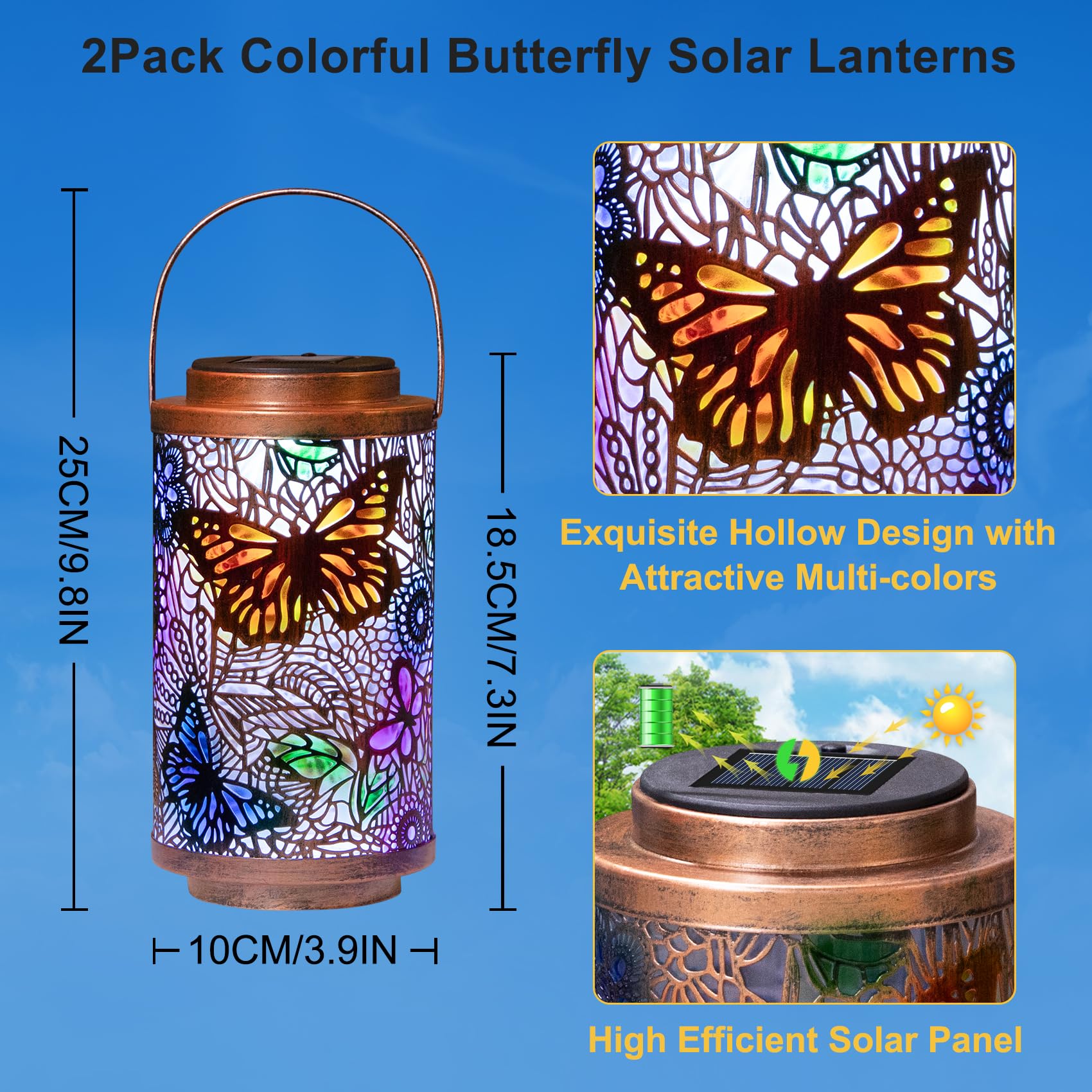 2Pack Outdoor Solar Lanterns Waterproof Butterfly Garden Gifts For Women, Multicolor Solar Outside Lights Metal Patio Lantern Fo