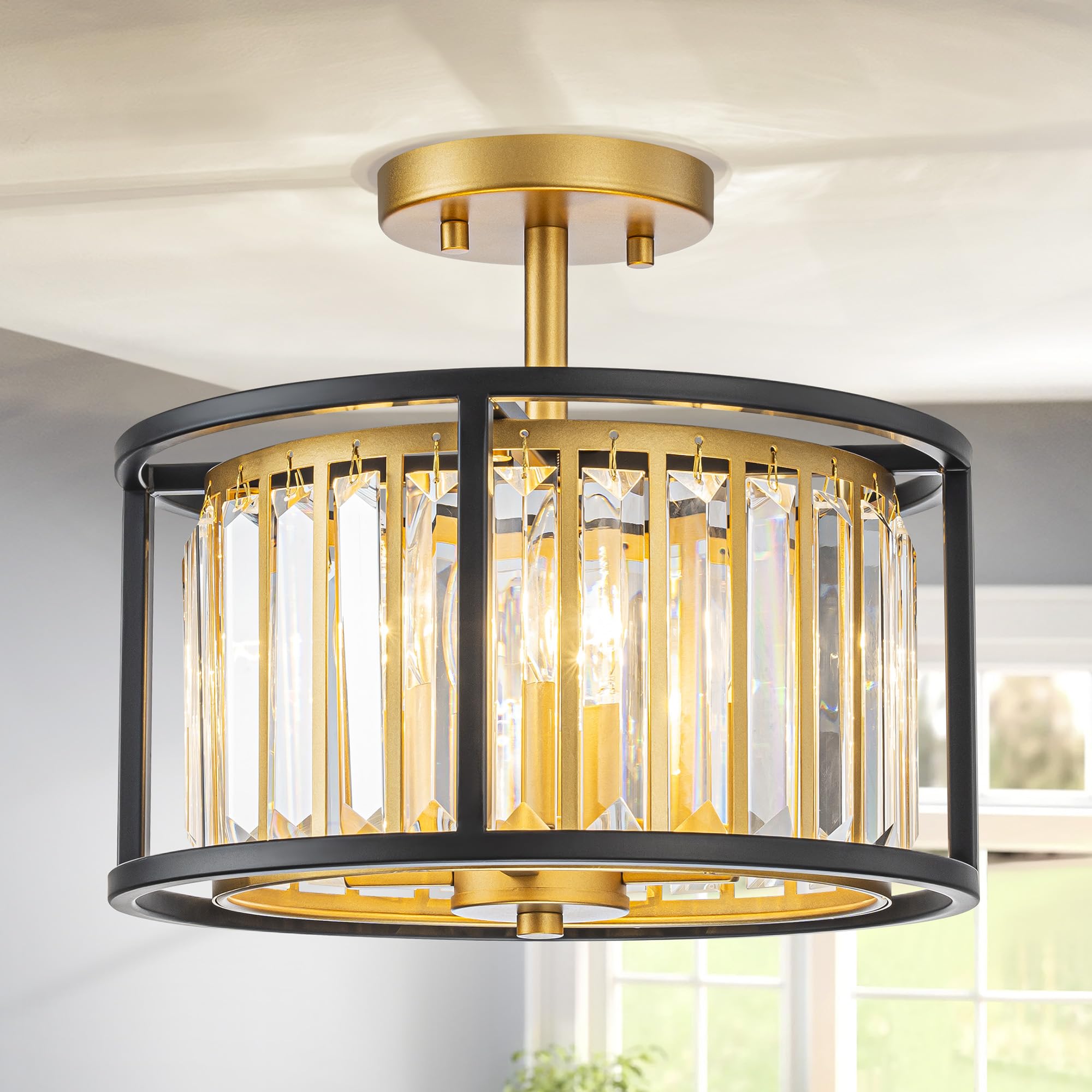 Pine Flicker 3-Light K9 Crystal Drum Ceiling Lights, Modern Style Semi-Flushmount Light Fixture for Dining Room, Living Room, D1