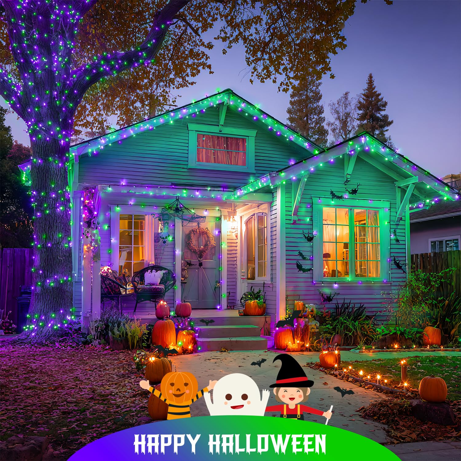 JMEXSUSS 250 LED String Lights - Purple & Green, Waterproof, 8 Modes, Model EXS-S-0250, Ideal for Outdoor Party and Halloween Decorations