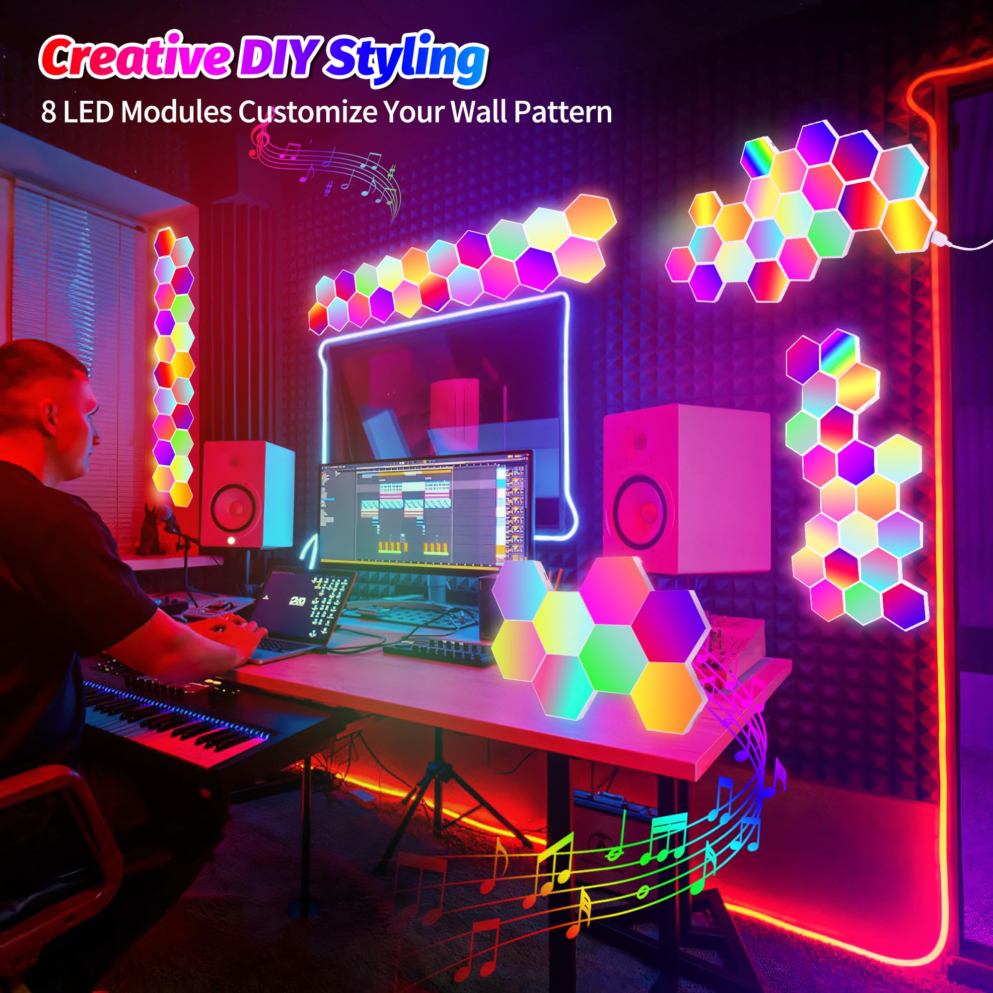 Hervika 20 Pack Diy Hexagon Led Lights, Music Sync Rgb Gaming Lights With App Smart Wall Lights For Bedroom Living Room Decor