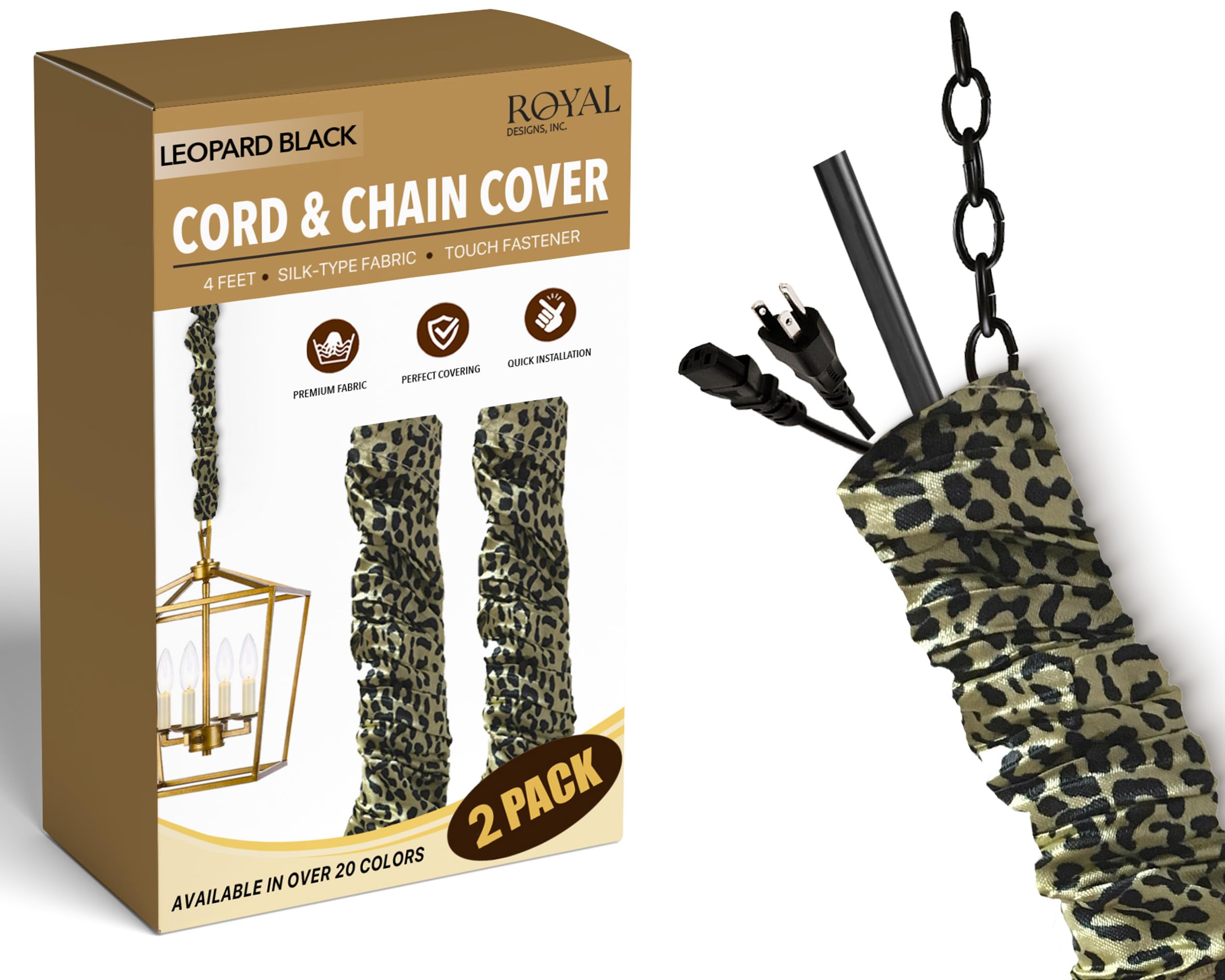 Royal Designs, Inc CC-30-LPBLK-2 Fabric Cord & Chain Covers, 2 Pack, Leopard Black